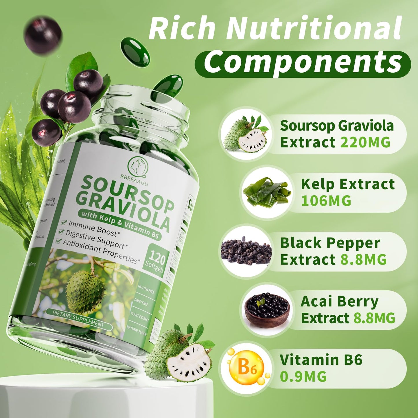 BBEEAAUU Soursop Graviola Capsules with Kelp, 240 Capsules