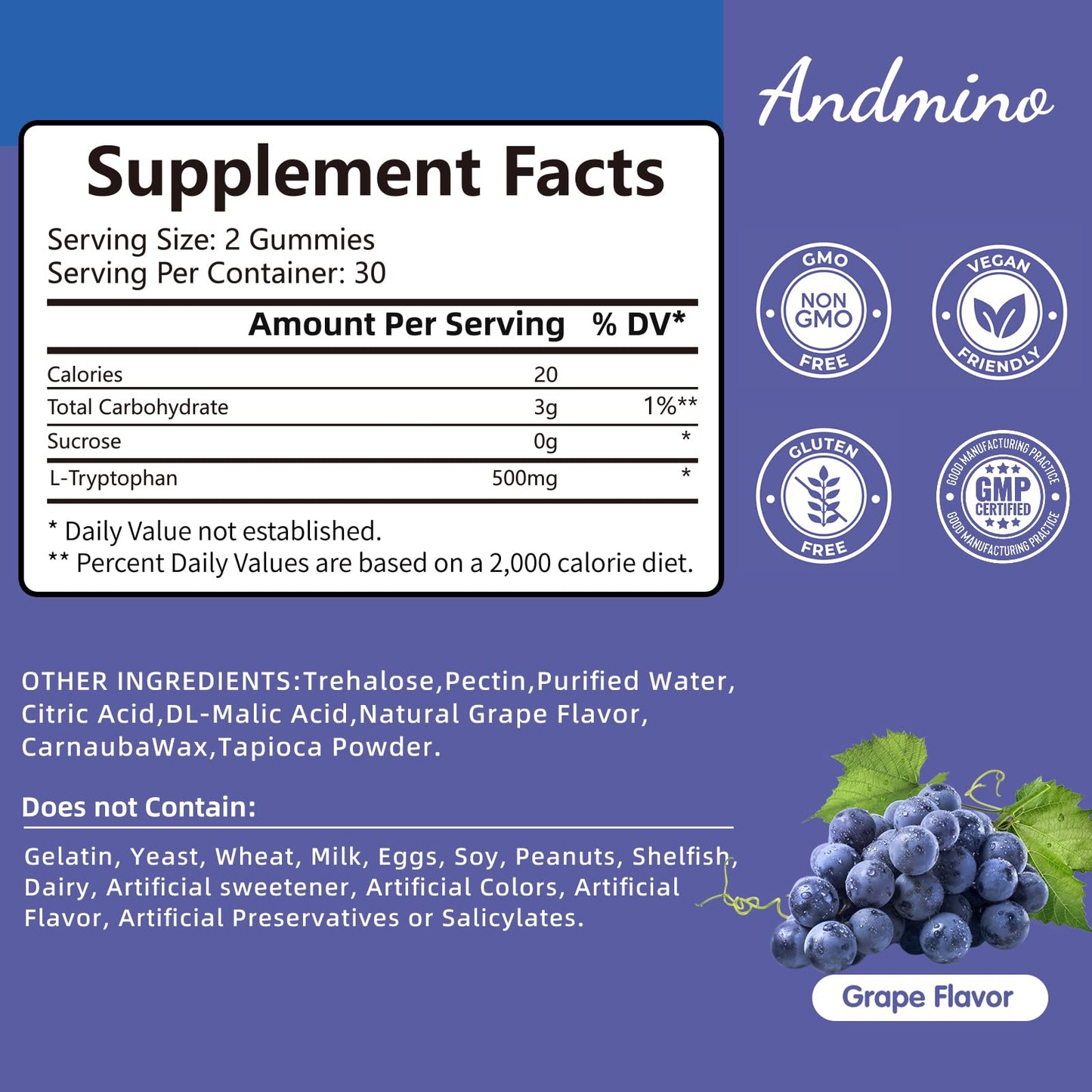 andmino L-Tryptophan Gummies 500mg with Trehalose, 60 Gummies