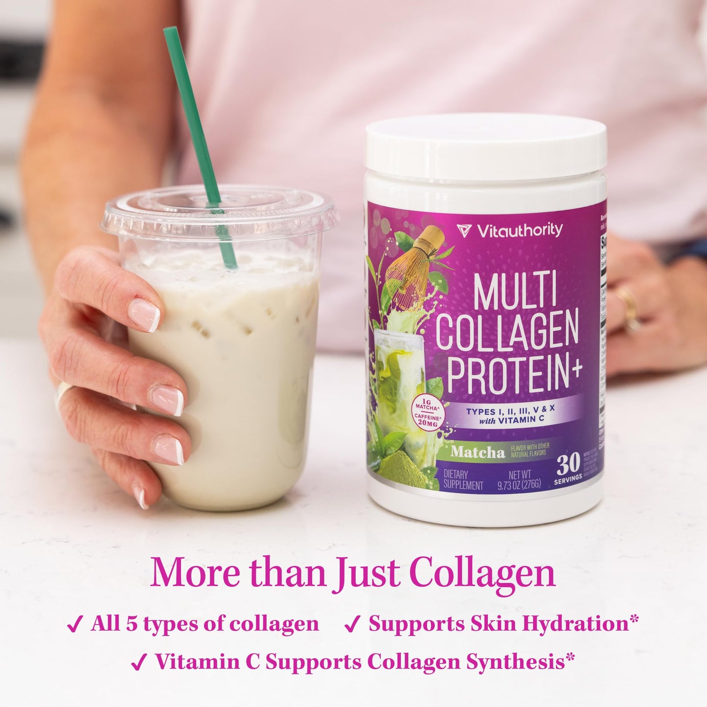 Vitauthority Multi Collagen Protein Powder, Types I II III V & X, Vitamin C & Hyaluronic Acid, Matcha Flavor, 9.7 oz, 30 Servings