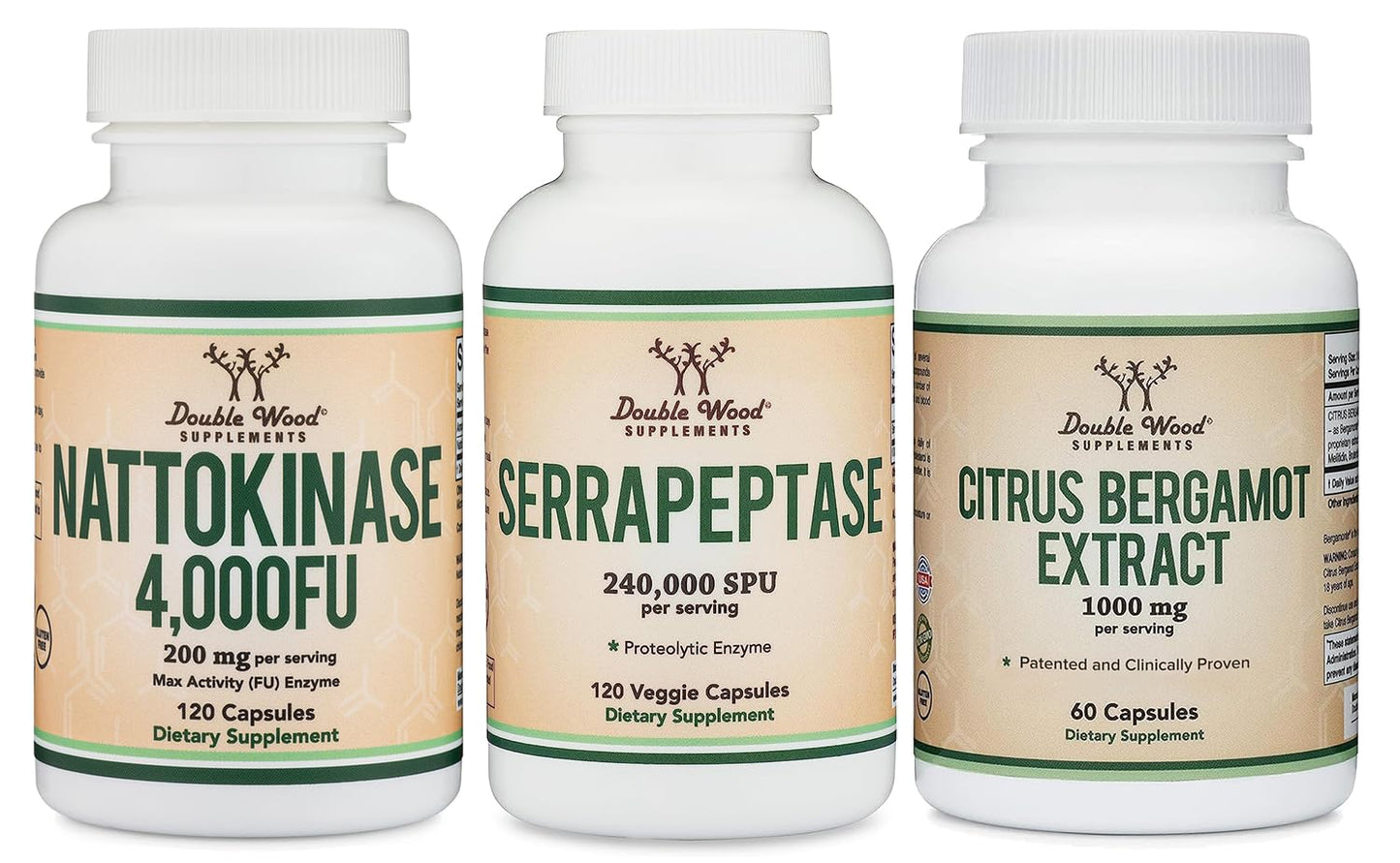 Double Wood Supplements Nattokinase Supplement, Serrapeptase & Citrus Bergamot Capsules, 300 Capsules