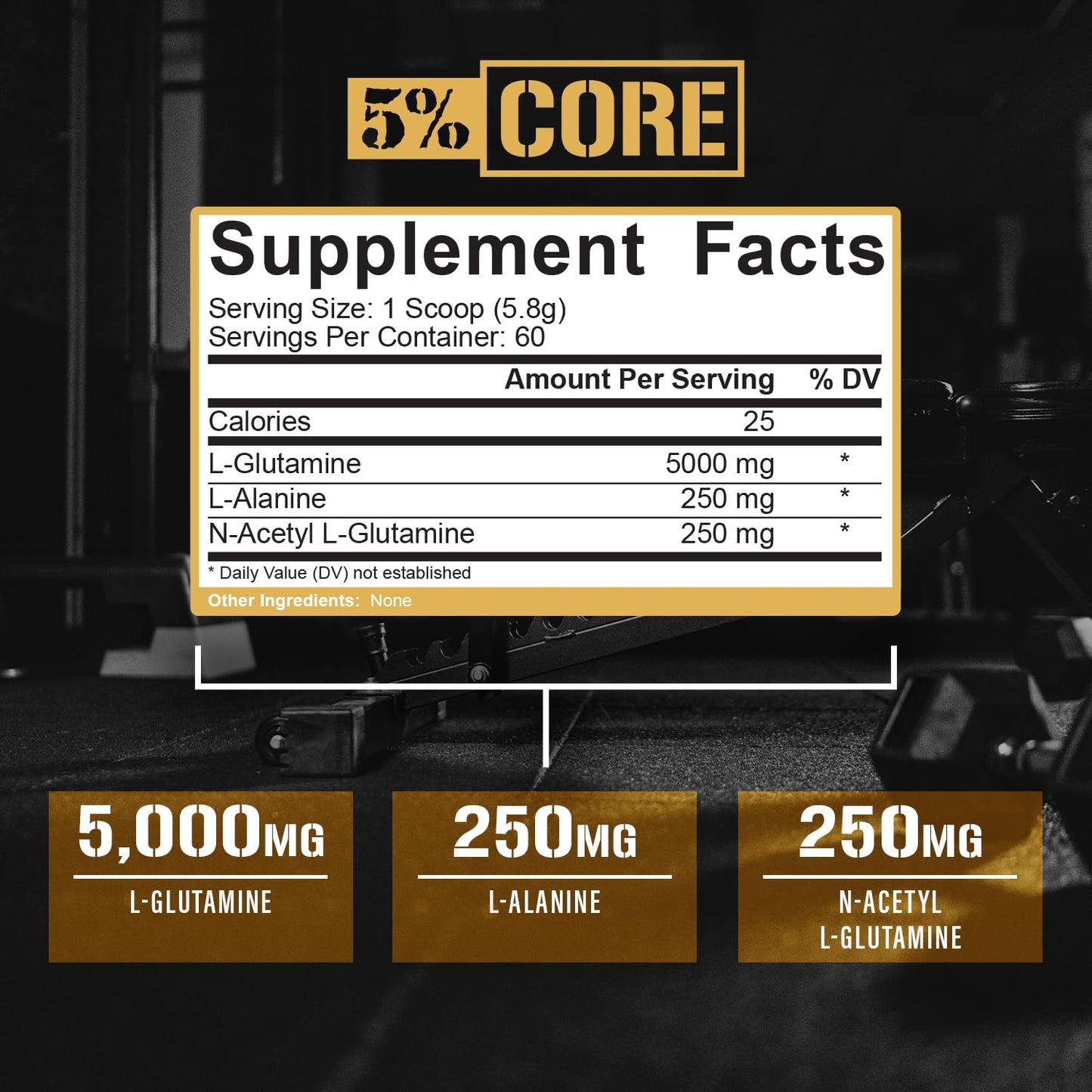 5% Nutrition Core L-Glutamine 5000 Supplement w/L-Alanine Powder, 12.28 Ounce