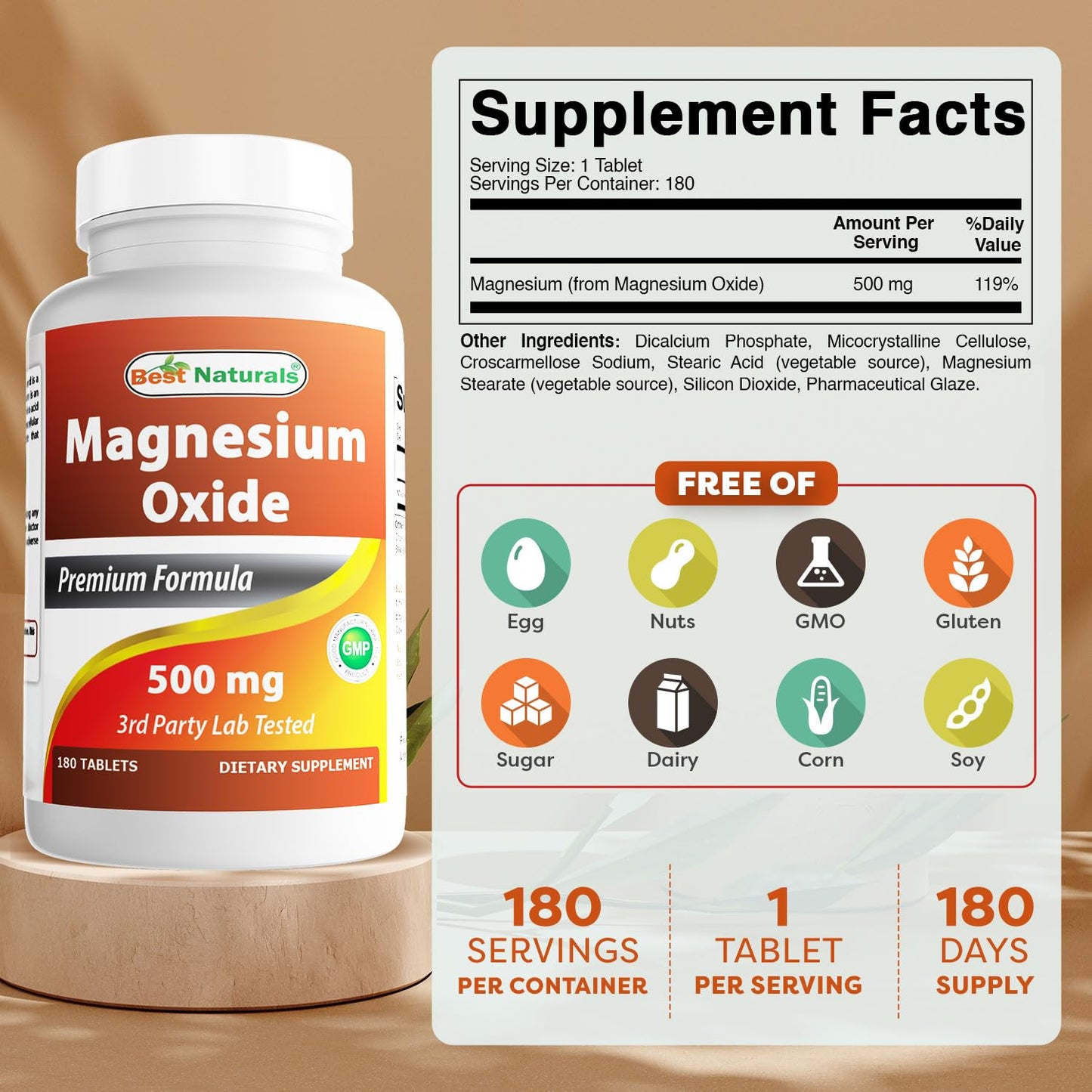 Best Naturals Magnesium Oxide 500 mg, 180 Tablets