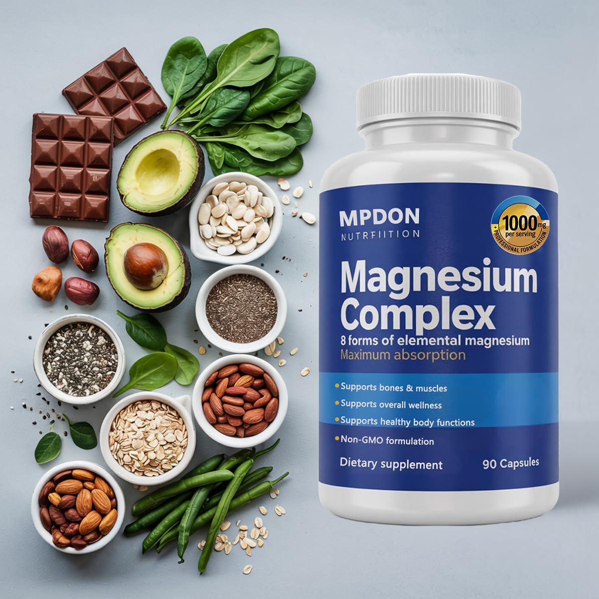 MPDON 8-in-1 Magnesium Complex 1000mg - Features Elemental Magnesium & Citrate, Capsule, 1 Count