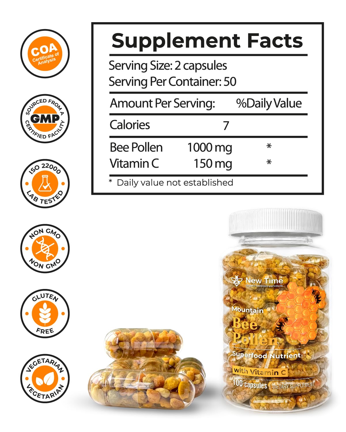 New Time Organic beekeeping products Bee Pollen Capsules 100 Capsules