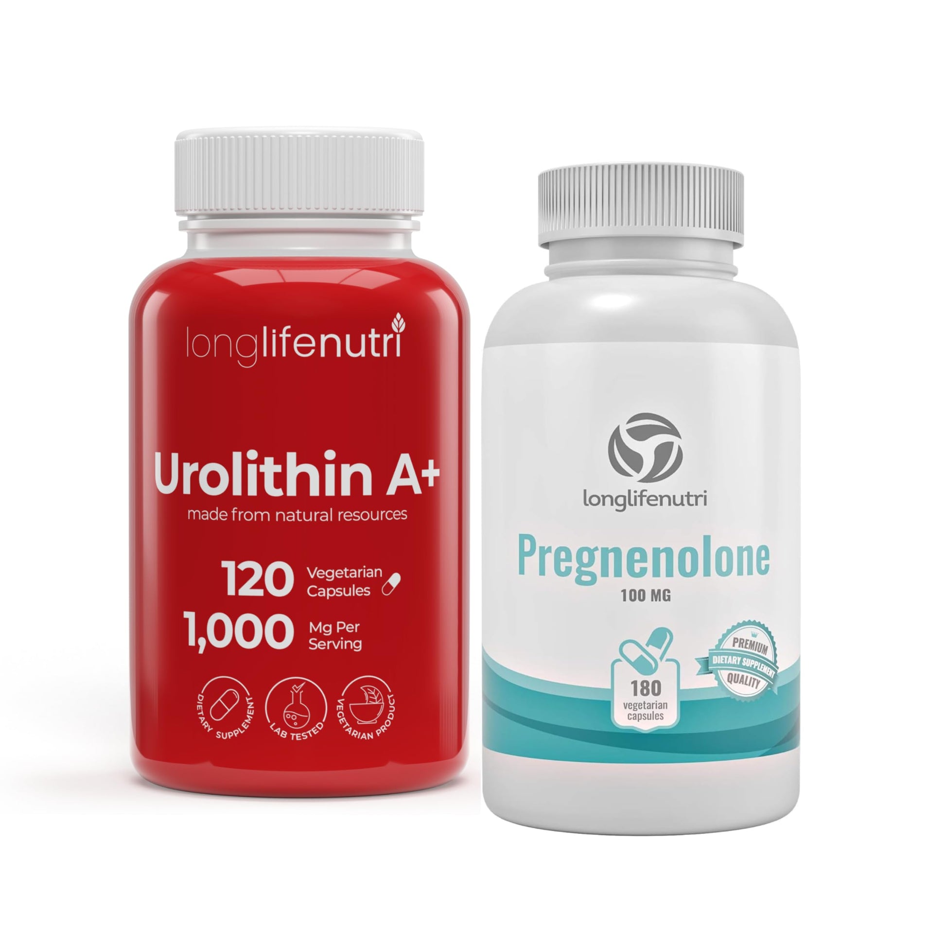 LongLifeNutri Urolithin A+ 1000 mg & Pregnenolone 100 mg Bundle, 300 Veg Caps