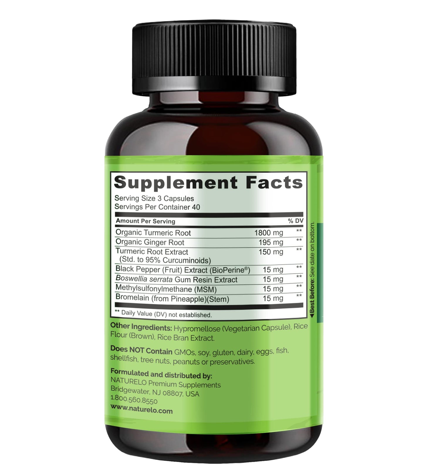 NATURELO Turmeric Curcumin, Plant Based Joint Support, Magnesium Glycinate, 200 mg Magnesium - Gluten Free, Non-GMO, 120 Capsules