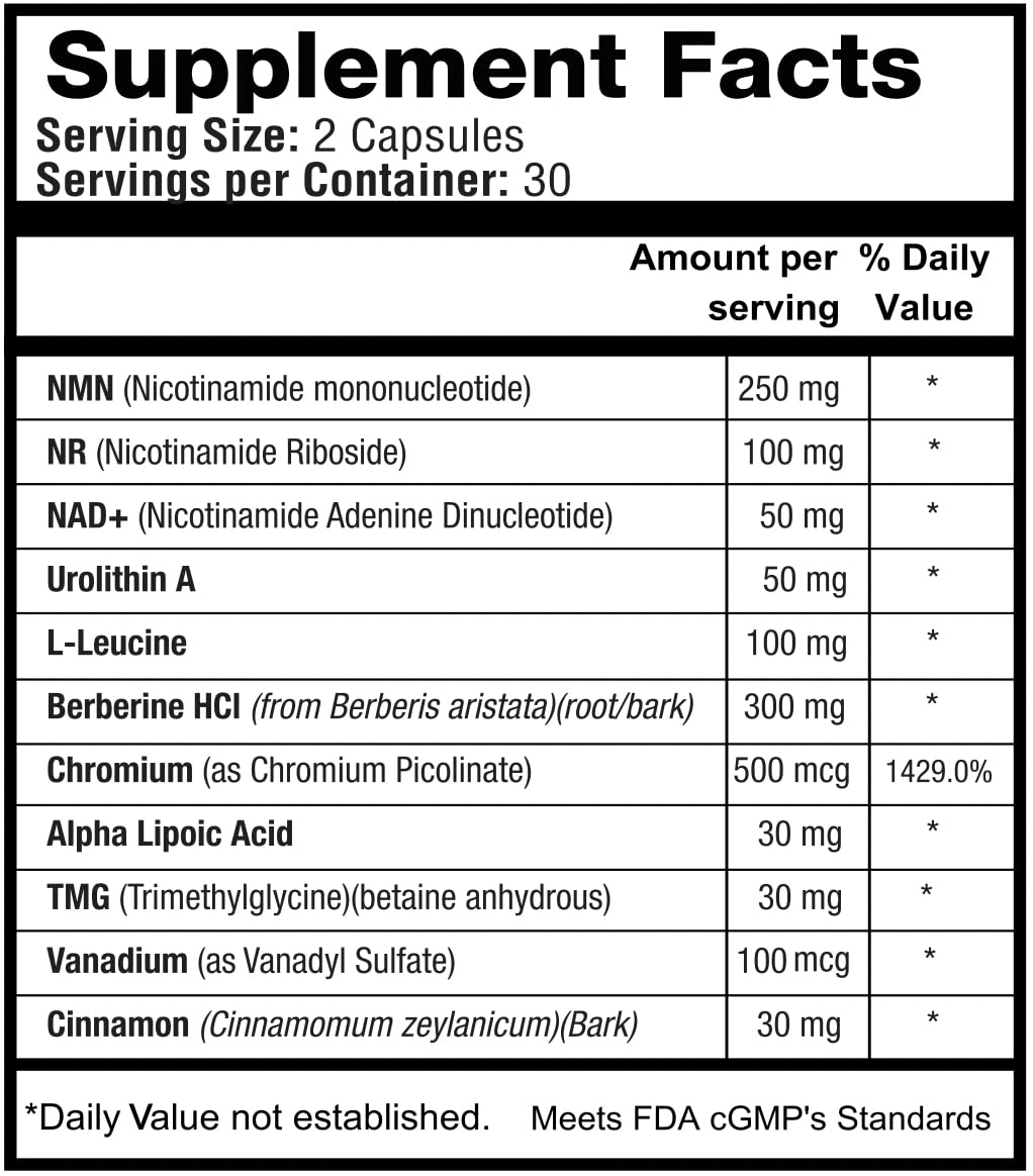 1LifeScience Blood Sugar Blend NMN Urolithin A Berberine & Alpha Lipoic Acid NAD+ Support Capsules, 60 Count
