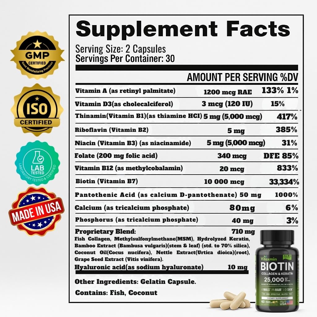 Vitaxmin Biotin 10000mcg with Collagen Keratin Hyaluronic Acid - Hair Growth Vitamins for Women & Men - Hair Skin and Nails Vitamins with B Complex Capsules 60 Count