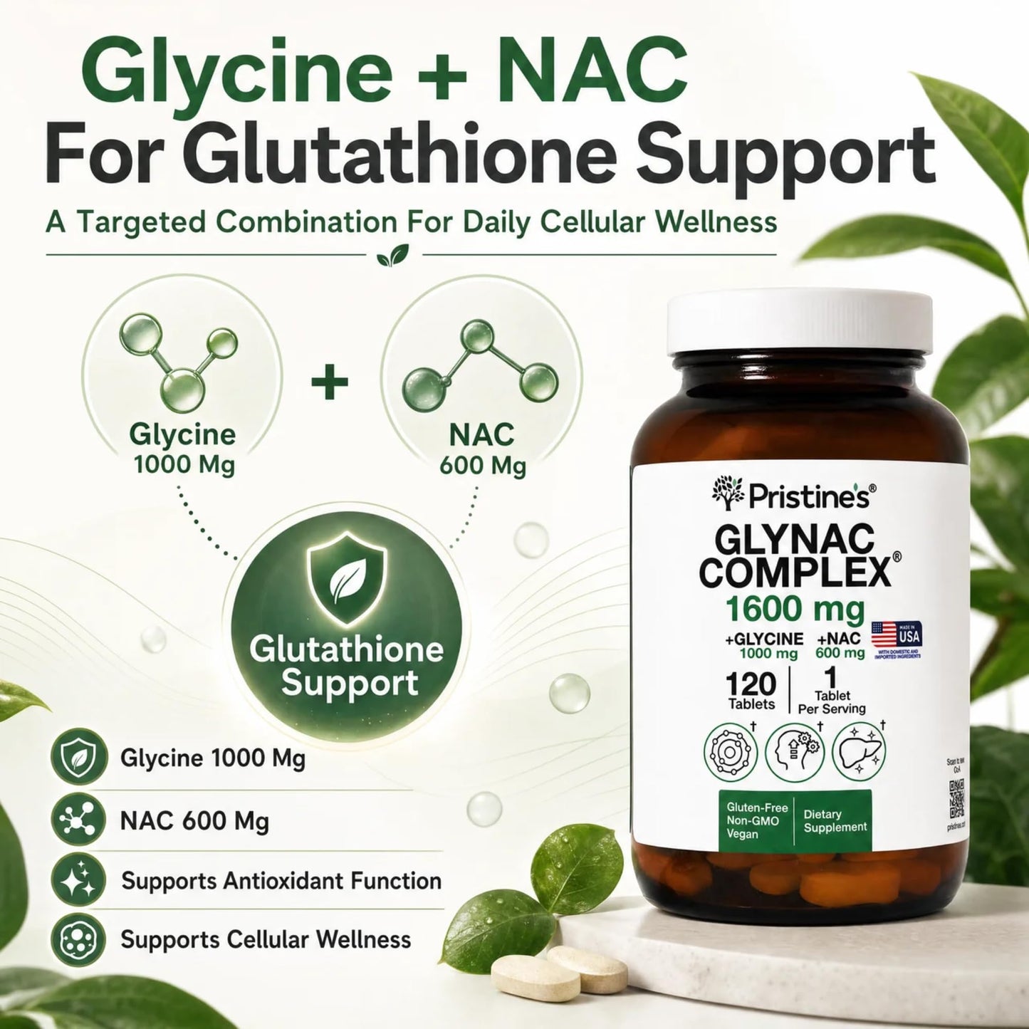 PRISTINE'S GlyNAC 1600mg Tablets, Glycine 1000mg + NAC 600mg, 120 Tablets