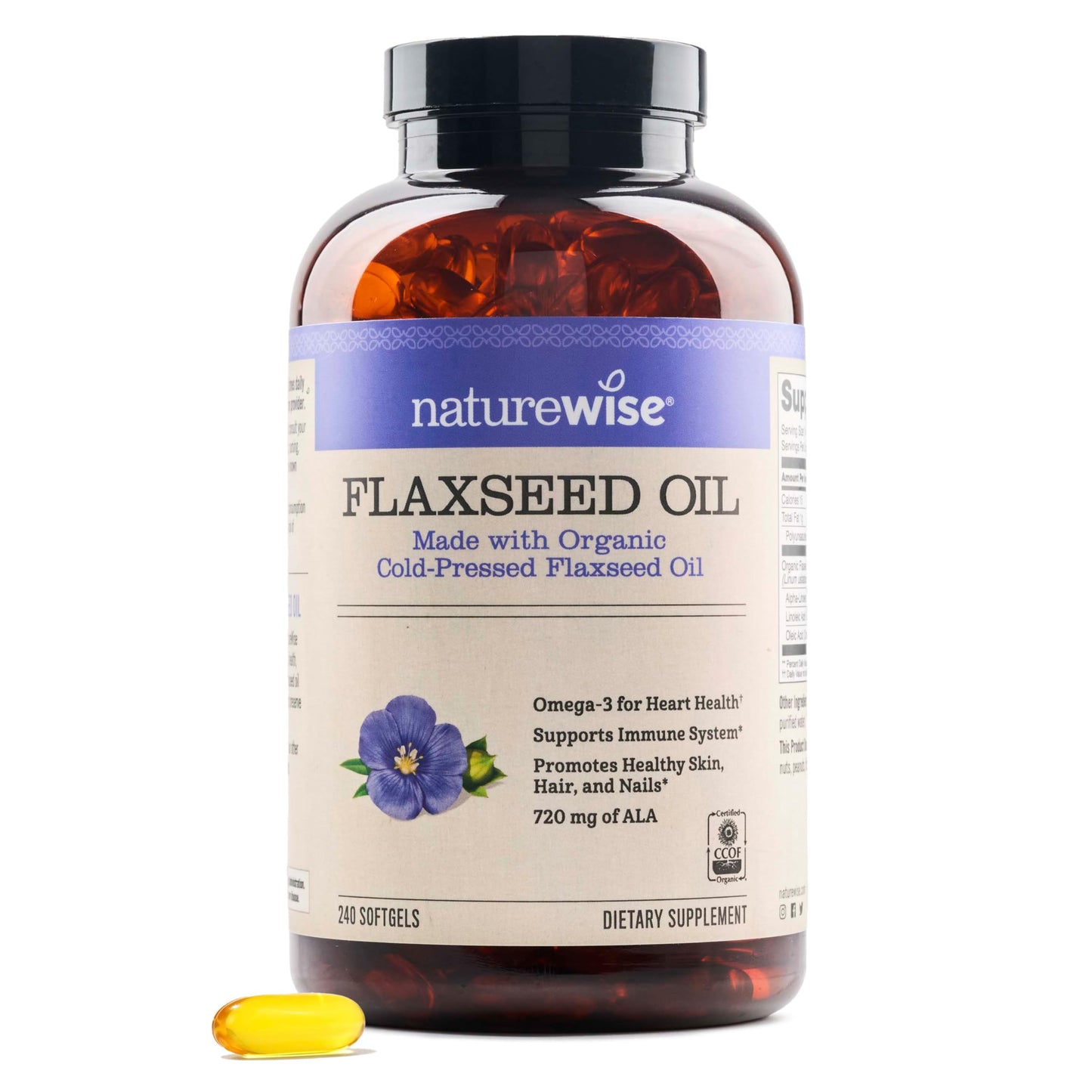 NatureWise Flaxseed Oil 1200 mg, Fish Free Omega 3-6-9 with 720 mg ALA, CCOF Certified Organic Flaxseed Oil, Plant-Based Omega, Cold Pressed, Non-GMO, 240 Softgels