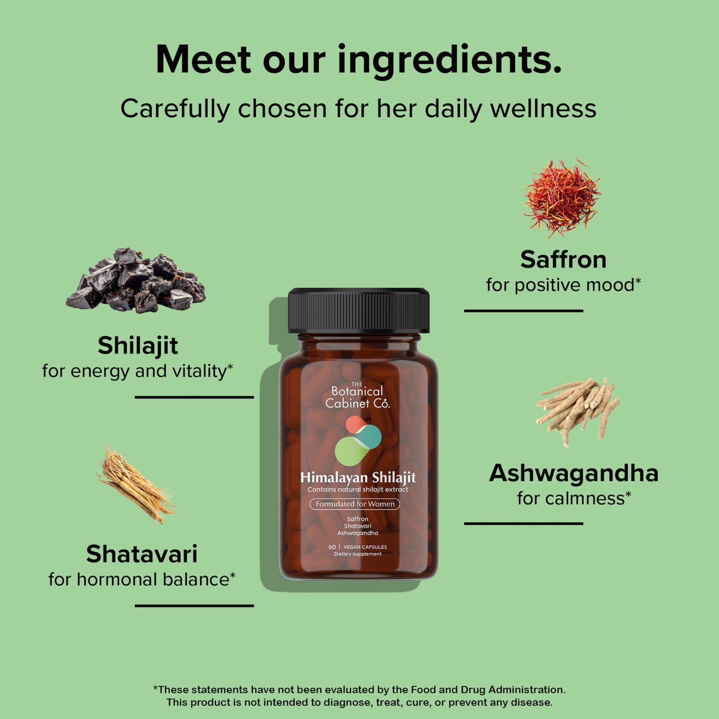 The Botanical Cabinet Co. Shilajit for Women 800mg with 70% Fulvic Acid, Natural Extract, Lab Tested, with Shatavari and Saffron, No Artificial Preservatives, Non-GMO 60 Capsules