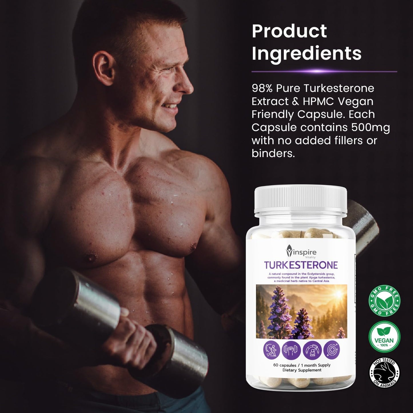 Inspire Vitality LLC Turkesterone Supplement for Men 500mg 95% Ajuga Turkestanica Extract, Muscle & Workout Performance Support, Non-GMO, 60 Capsules