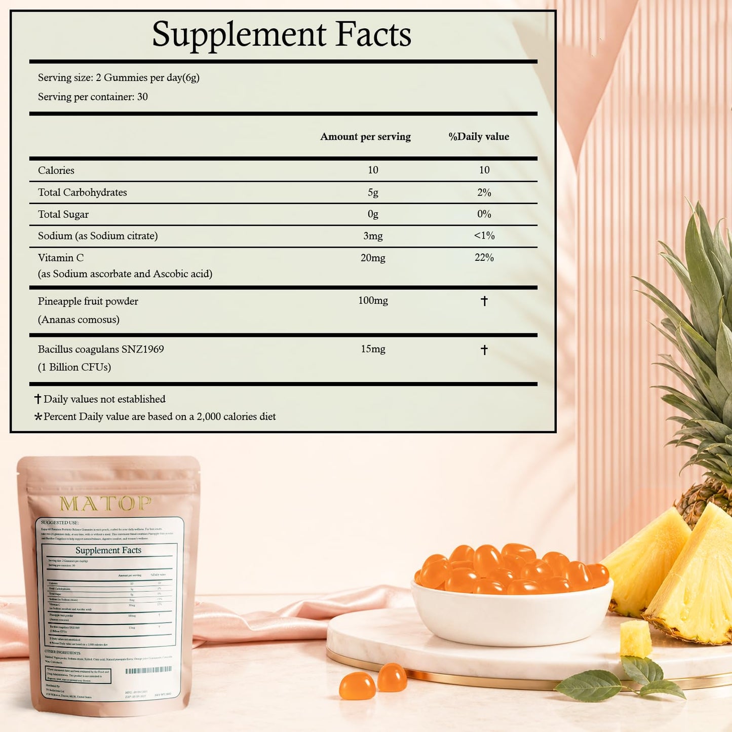 MATOP Women’s Probiotic Pineapple Gummies – Gut Health & pH Balance Daily Digestive Feminine Wellness, Vegan Sugar-Free, 60 Count