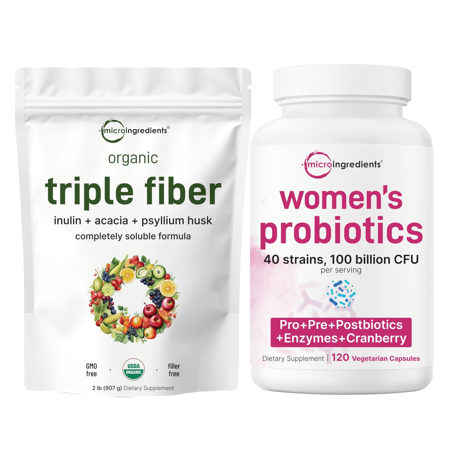Micro Ingredients Organic Triple Fiber Powder & Women’s Probiotics 100 Billion CFU Veggie Capsules, 2 Pack