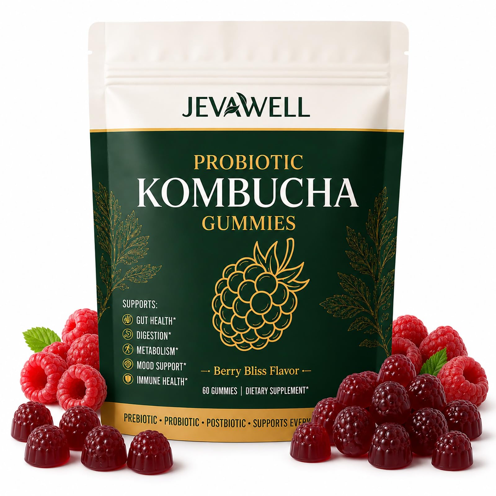 MilkyBump Jevawell Probiotic Kombucha Gummies, Prebiotic & Postbiotic Blend, 60 Count
