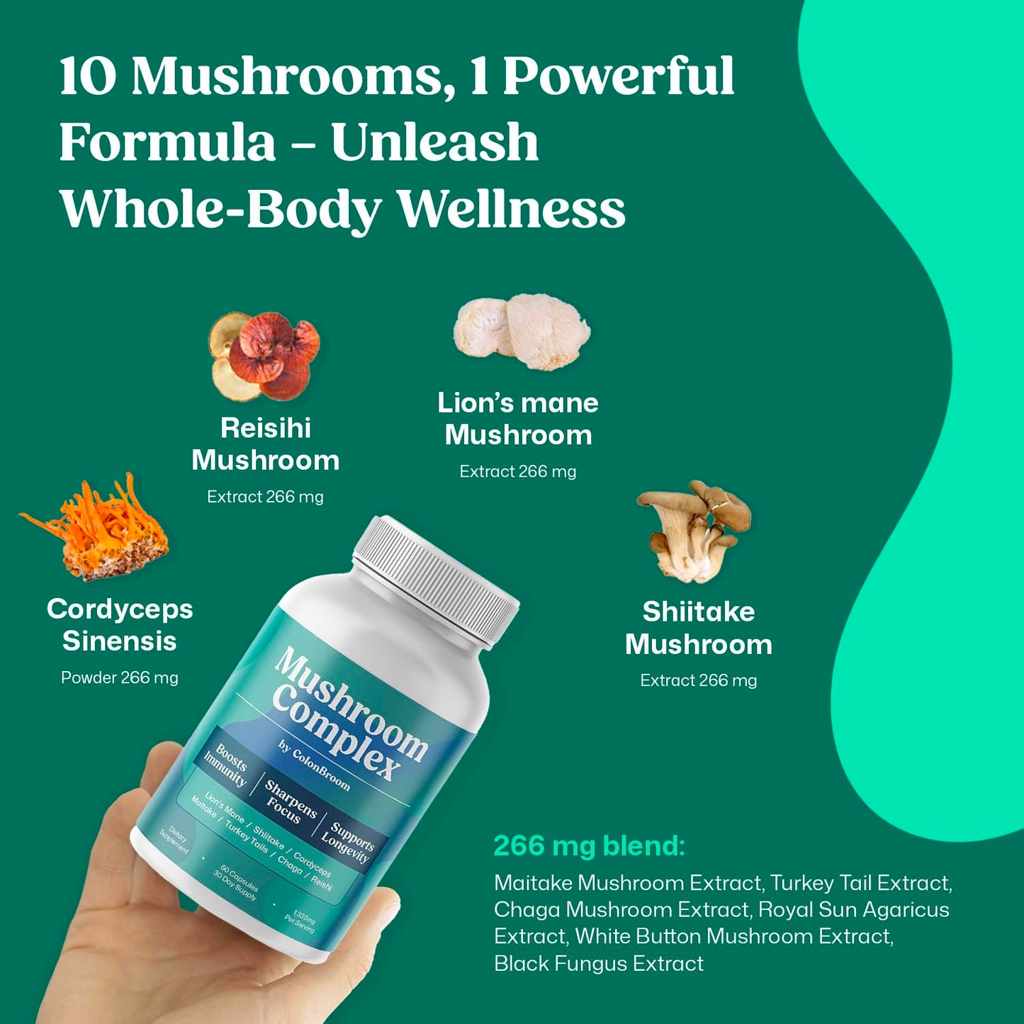 ColonBroom Mushroom Complex, Powerful Mushroom Blend with Cordyceps, Reishi, Shiitake, Lion’s Mane Extract for Energy, Immunity, Stress Relief & Cognitive Health, 60 Capsules