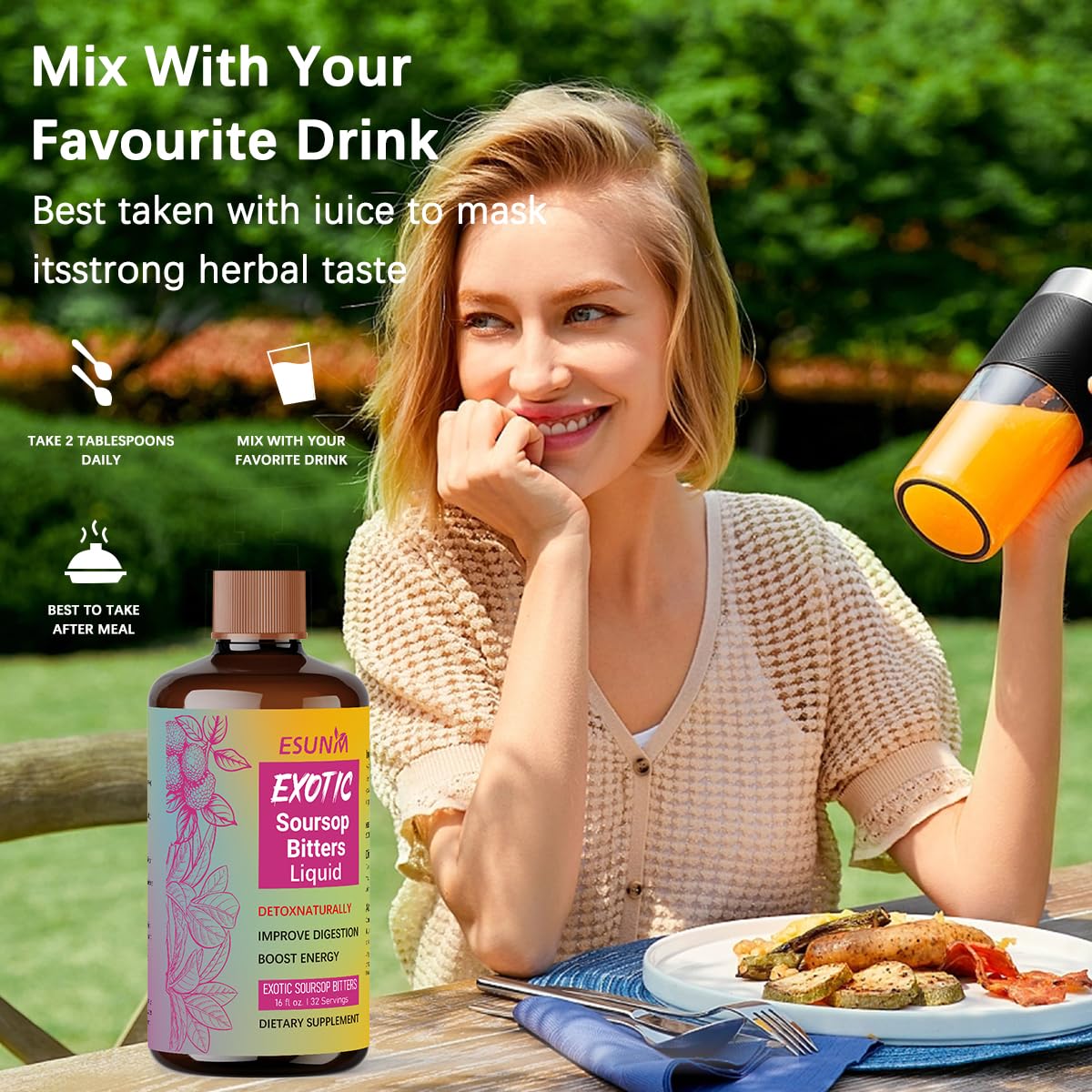 ESUNM Herbal Detox Soursop Bitters Berry-Infused Detox Tonic with Black Seed, Moringa, Irish Moss & Ginger 100% Natural 32 Capsules