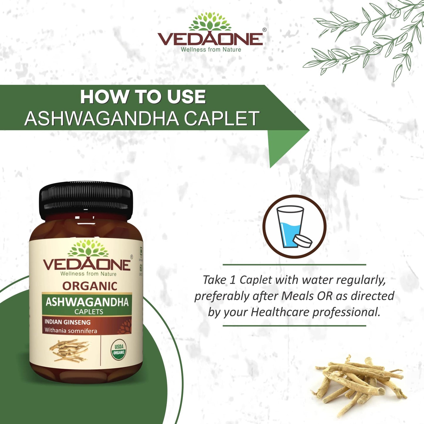 VEDAONE Organic Ashwagandha Caplets 750mg, 60 Caplets