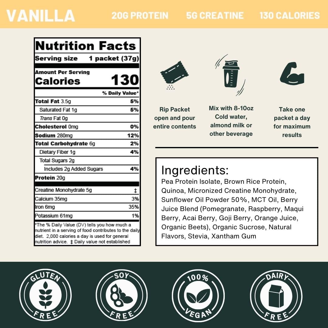 Nutrition On The Go 2-in-1 Vegan Protein + Creatine Travel Packets, Vanilla, 30 Packets