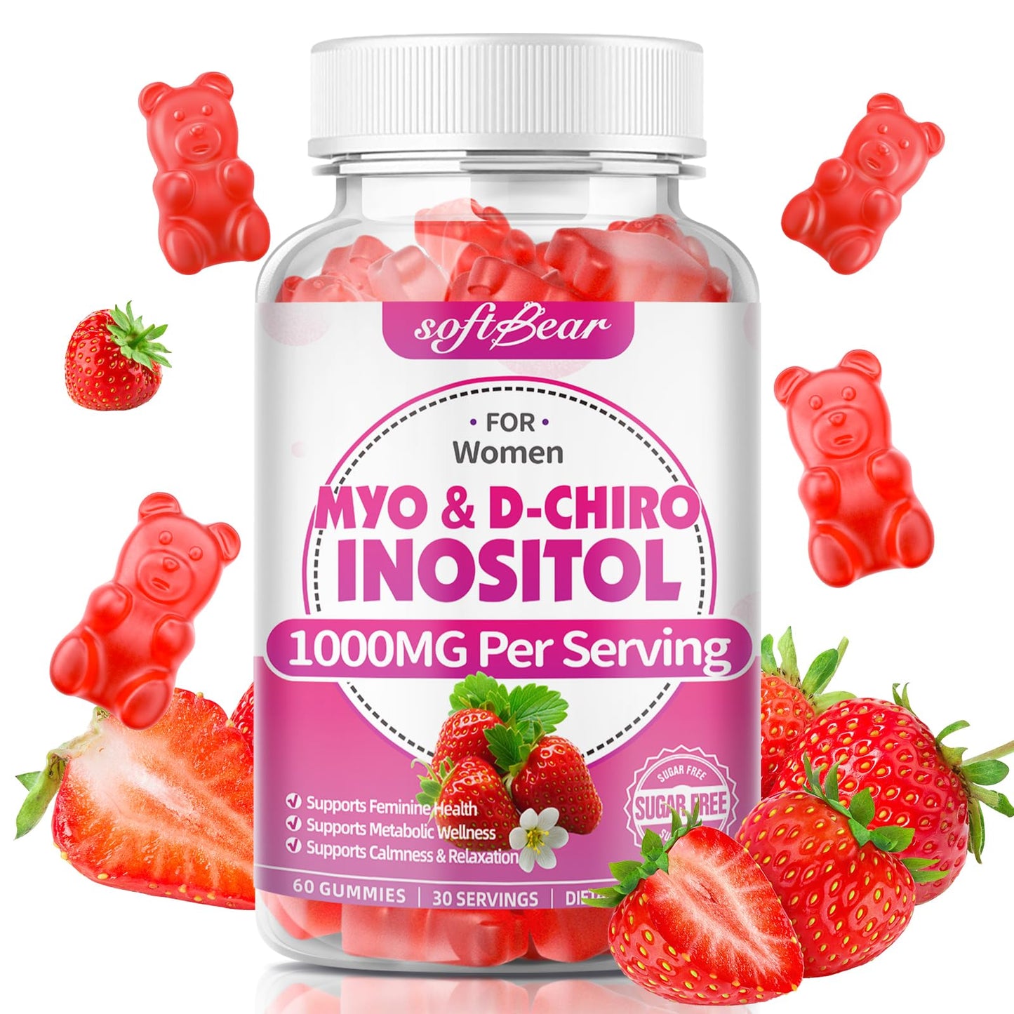 softbear Inositol Gummies for Women 1000mg with Vitamin D3, 60 Count