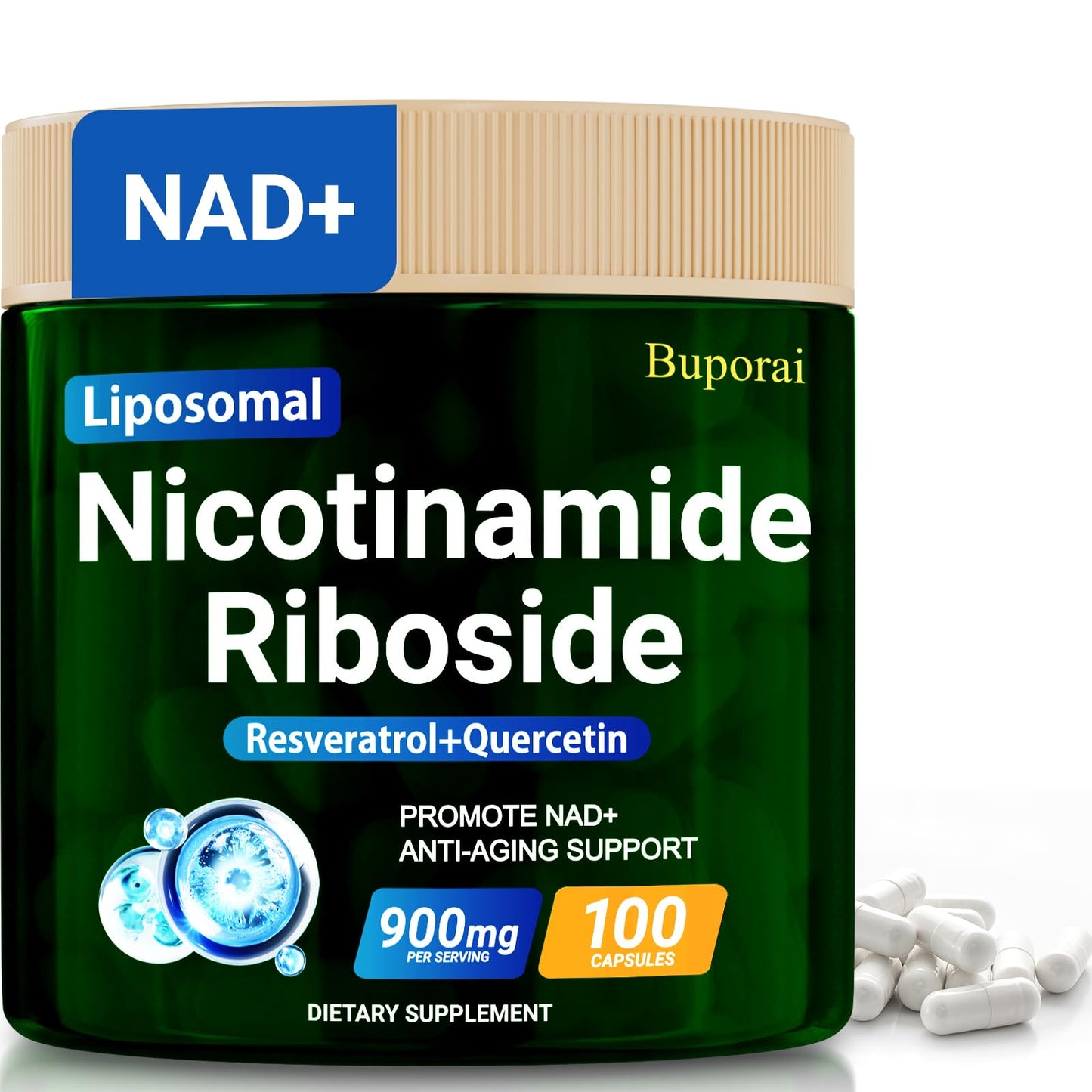 Buporai NAD+ Supplement, Liposomal Nicotinamide Riboside 900mg with Resveratrol & Quercetin, NMN Alternative for Anti-Aging, 100 Capsules