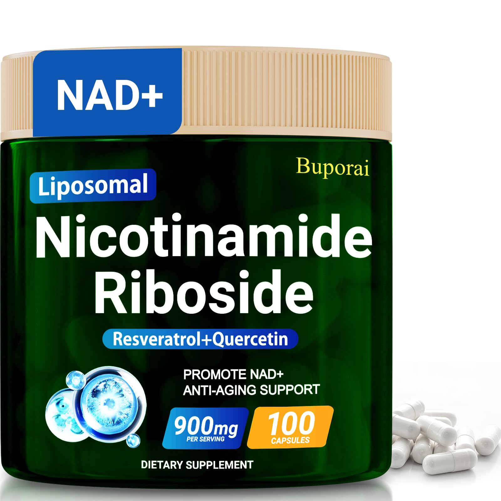 Buporai NAD+ Supplement, Liposomal Nicotinamide Riboside 900mg with Resveratrol & Quercetin, NMN Alternative for Anti-Aging, 100 Capsules