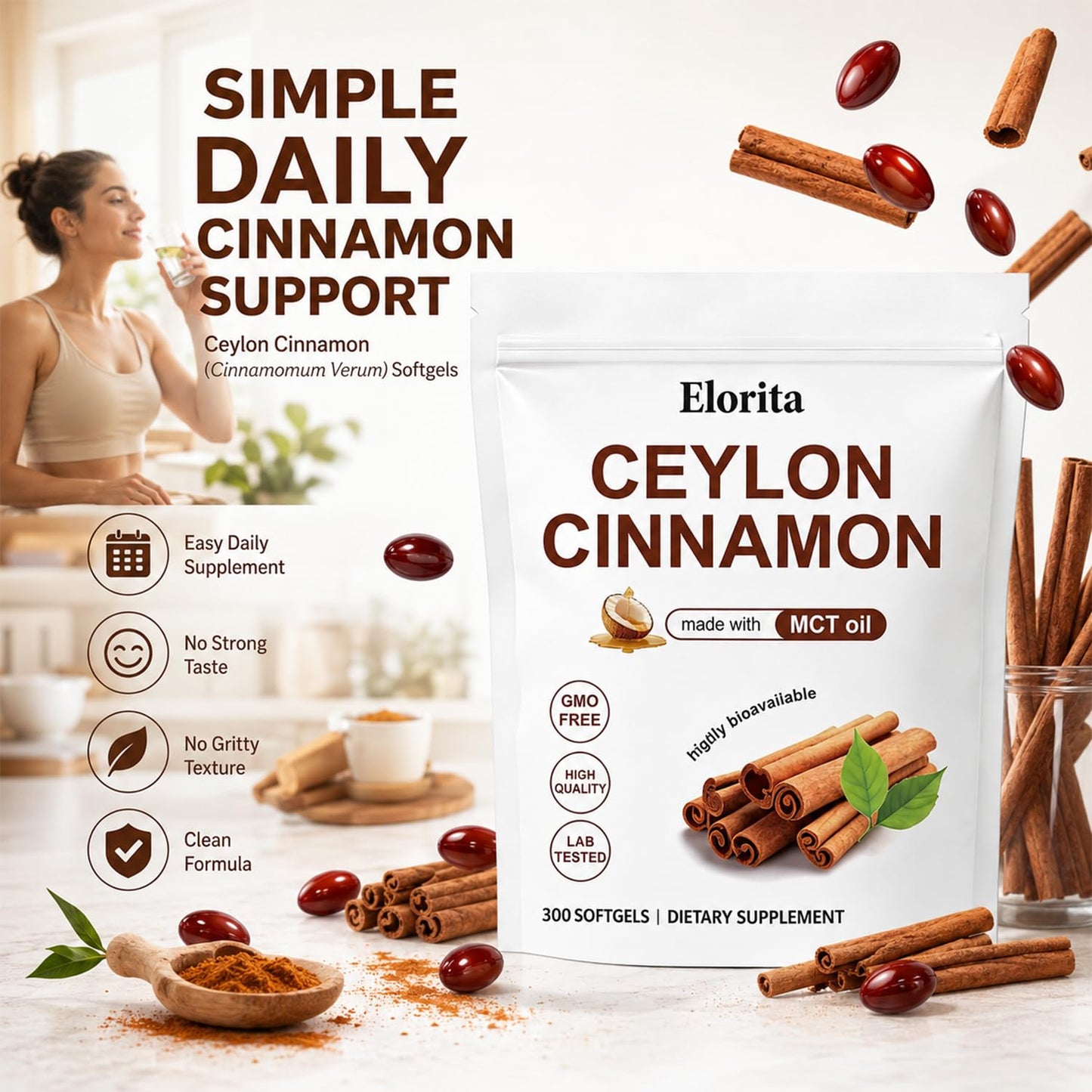 Menjint Elorita Ceylon Cinnamon Soft Gels, 300 Count