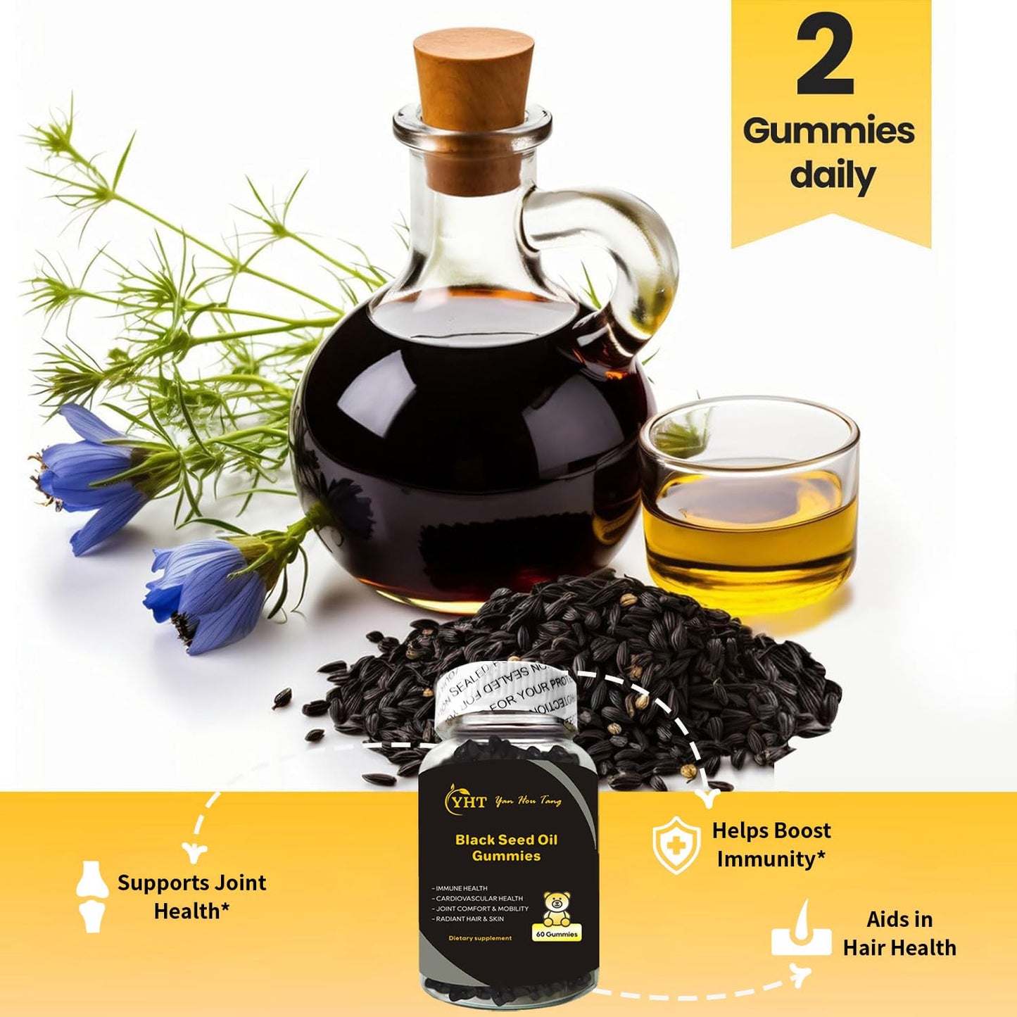 Eilin YHT Sativa Black Seed Oil Gummies 1000MG Immune System Joints Digestion Hair Skin Support Supplement, 60 Gummies