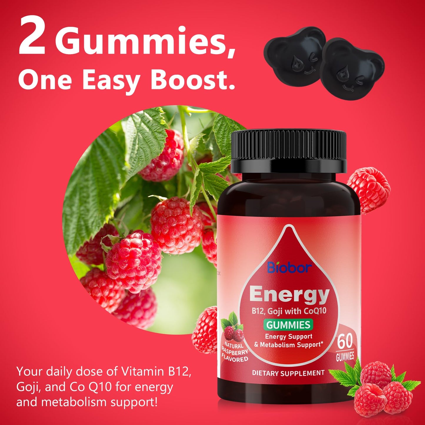 Biobor Natural Energy Gummies with Vitamin B12, Goji, CoQ10, 120 Count