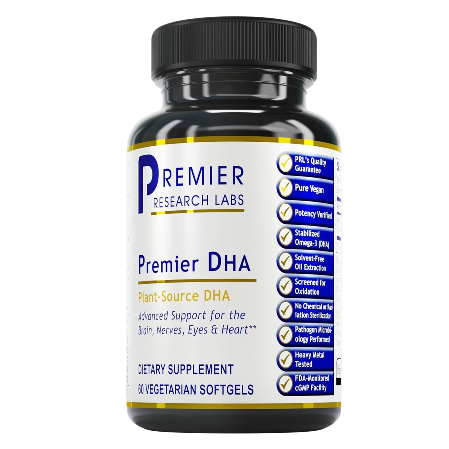 Premier Research Labs Premier DHA - Vegan DHA with Omega-3 Fatty Acids, Algae Based DHA for Women & Men, Natural DHA Supplement Suitable for Vegans, 60 Capsules