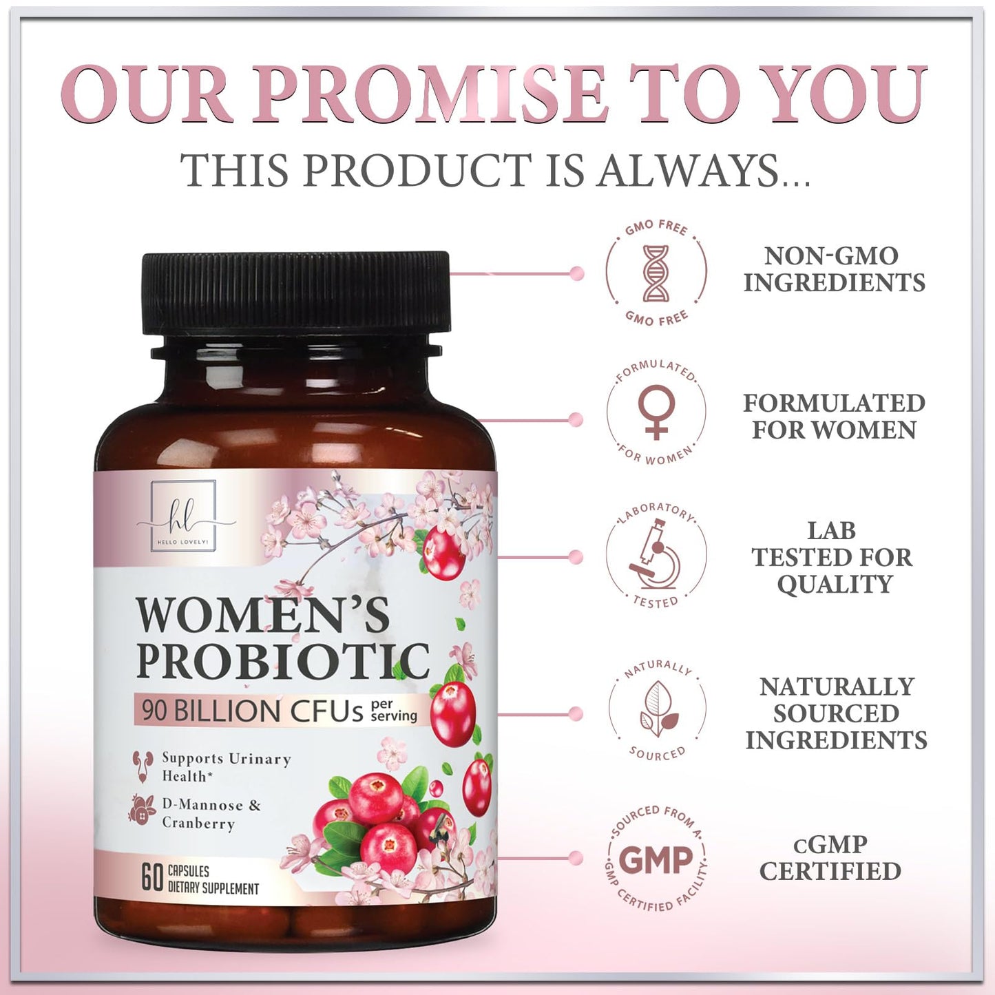 Hello Lovely! Probiotics for Women with Cranberry, 16 Premium Strains for pH Balance, Digestive Health, Vaginal & Immune Support, Capsules, 60 Count
