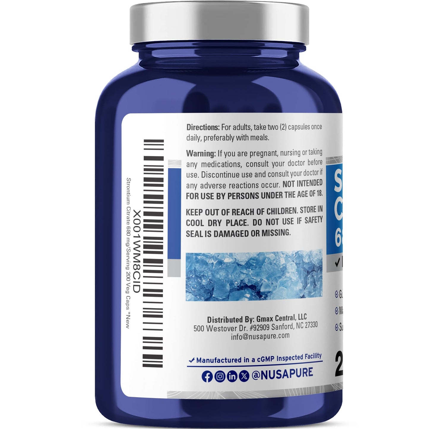 NusaPure Strontium Citrate Capsules, 680mg, Non-GMO Vegan, 200 Veggie Capsules