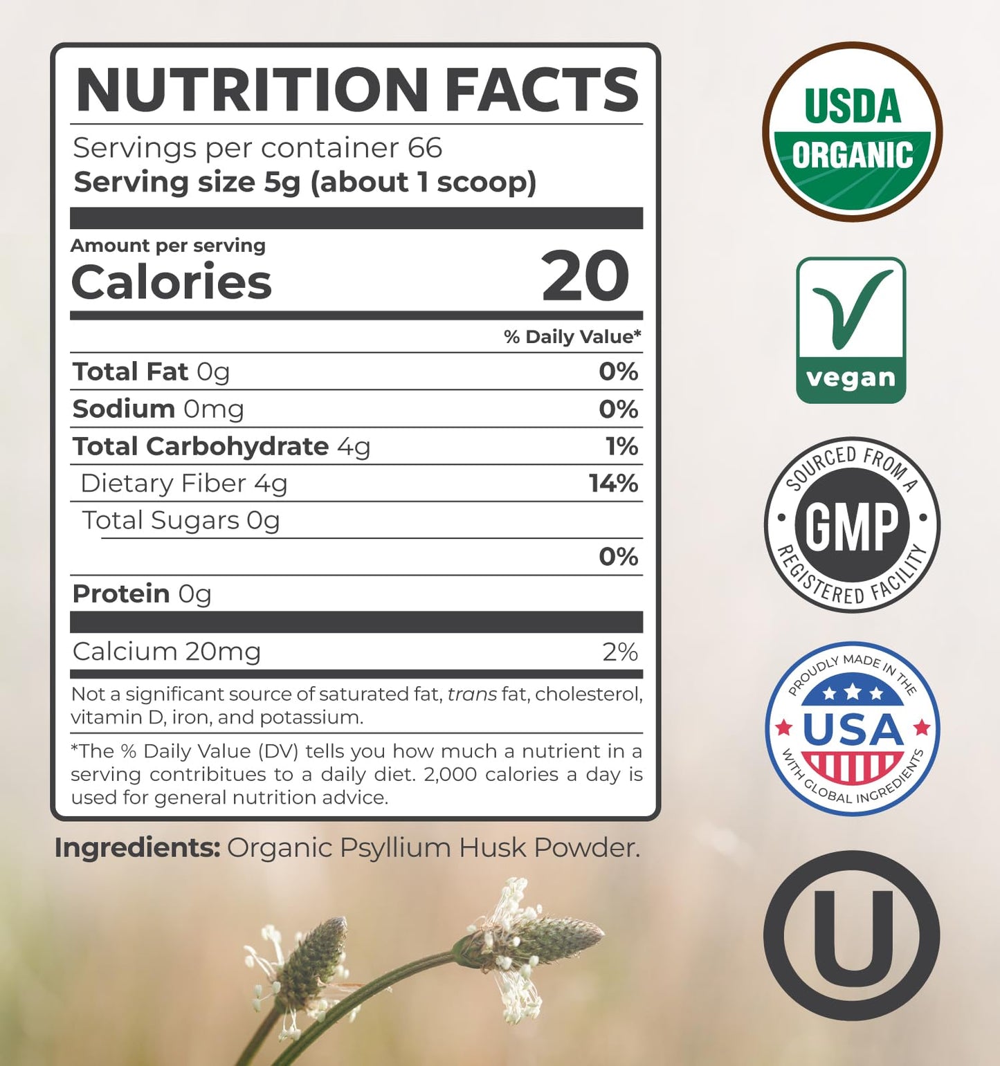 PURE CO Psyllium Husk Powder Organic Certified, 11.64 oz