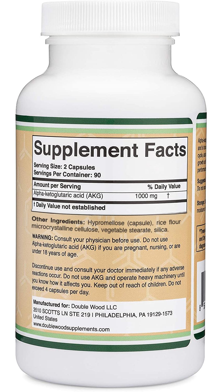 Double Wood Supplements AKG Supplement (Alpha Ketoglutaric Acid) 1000mg Per Serving, 180 Capsules