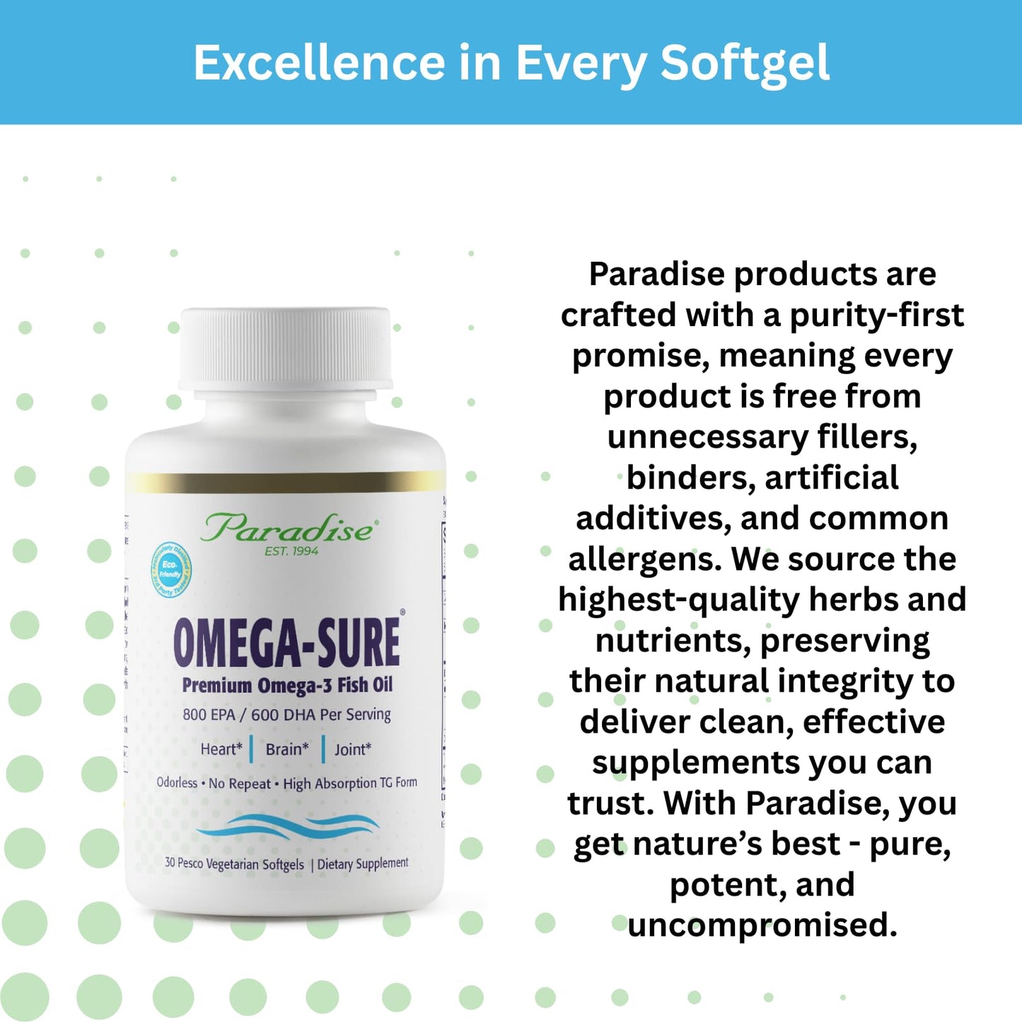 Paradise Herbs Omega-Sure Omega-3 Concentrate Premium Fish Oil DHA EPA Vegetarian Softgels 30 Count