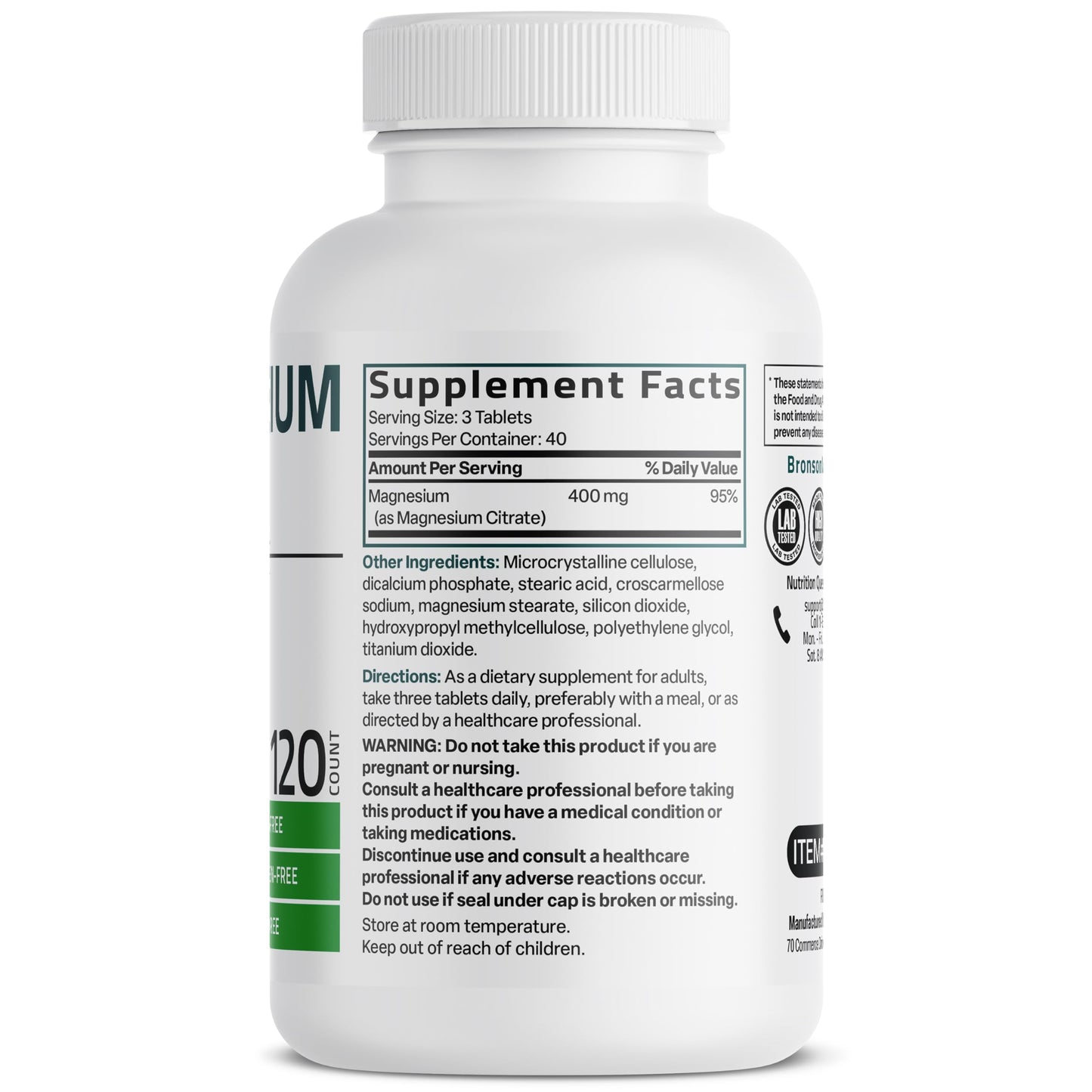 Bronson Magnesium Citrate 400mg High Absorption Formula Non-GMO Vegetarian Tablets, 120 Tablets