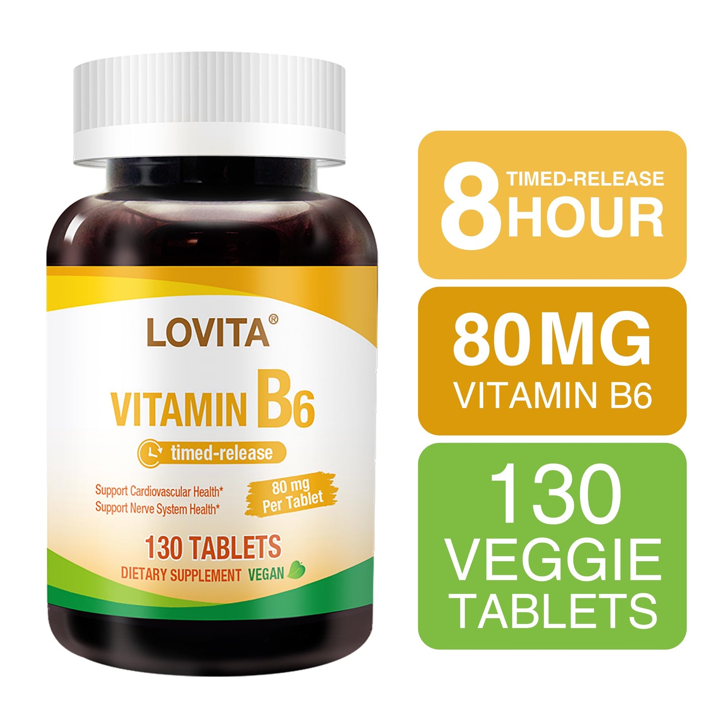 LOVITA Vitamin B6 (Pyridoxine Hydrochloride) 80 mg Timed Release Tablet, 130 Count