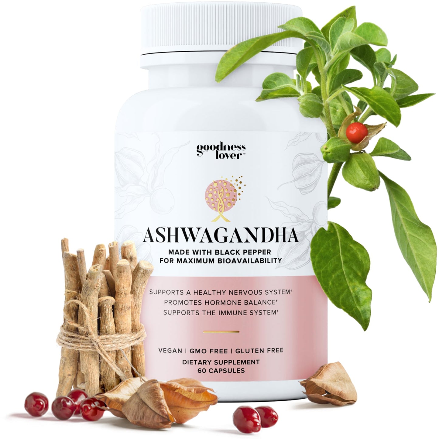 Goodness Lover Ashwagandha Supplement With Black Pepper Capsules, 60 Count