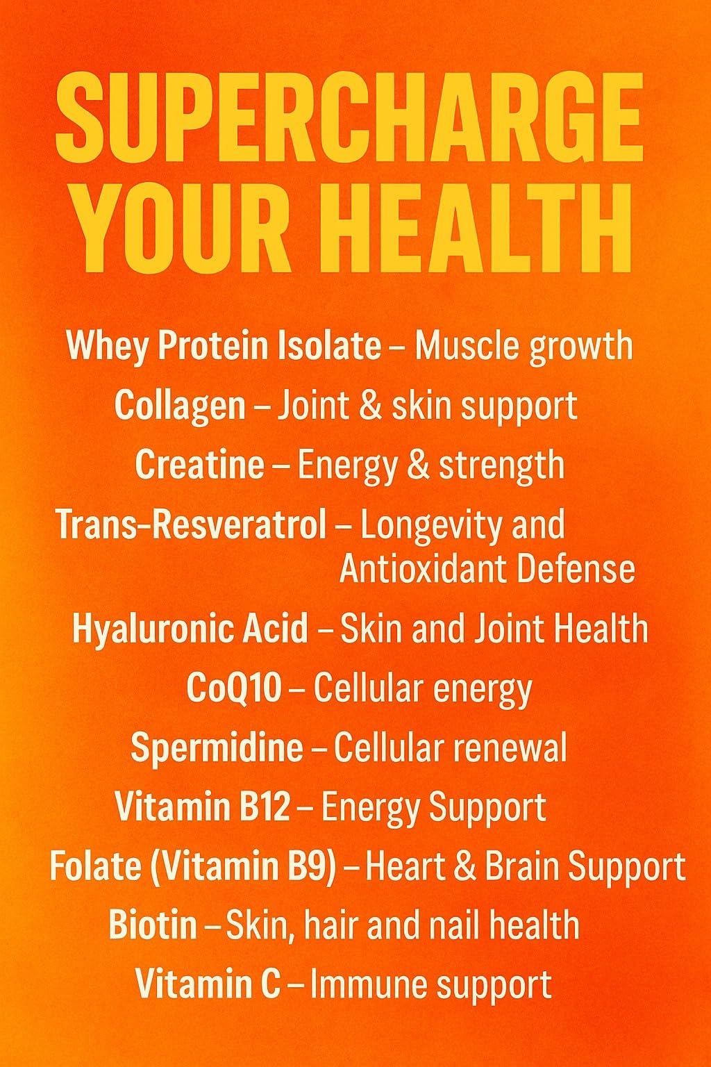 Vital Nutrition and Health All-in-One Powder: Protein, Collagen, Creatine, Resveratrol, Spermidine, Hyaluronic Acid, CoQ10 + Key Vitamins, 41 Servings
