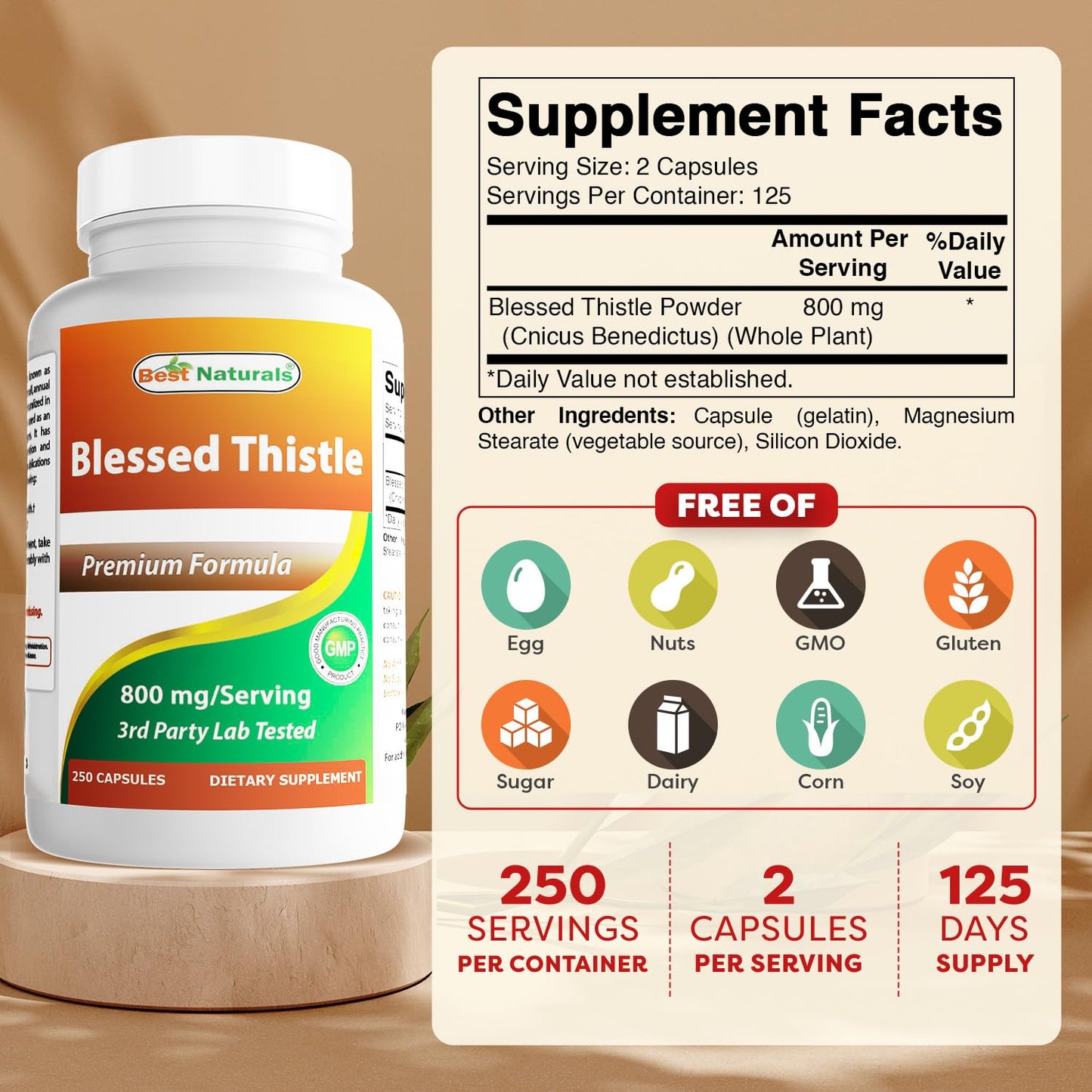Best Naturals Blessed Thistle Breastfeeding Lactation Capsules 800mg/Serving, 250 Count