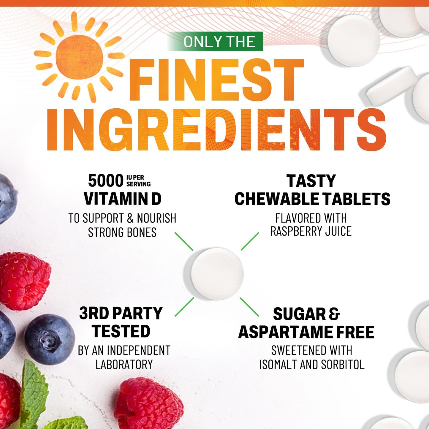 Nature's Peak Vitamin D3 5000iu (125 mcg) Per Serving - 3X Strength Immune Health Support Vitamin D Dietary Supplement for Bone, Teeth, Muscle - Vit D, Vegan, Gluten Free, Raspberry Flavor - 120 Chewable Tablets