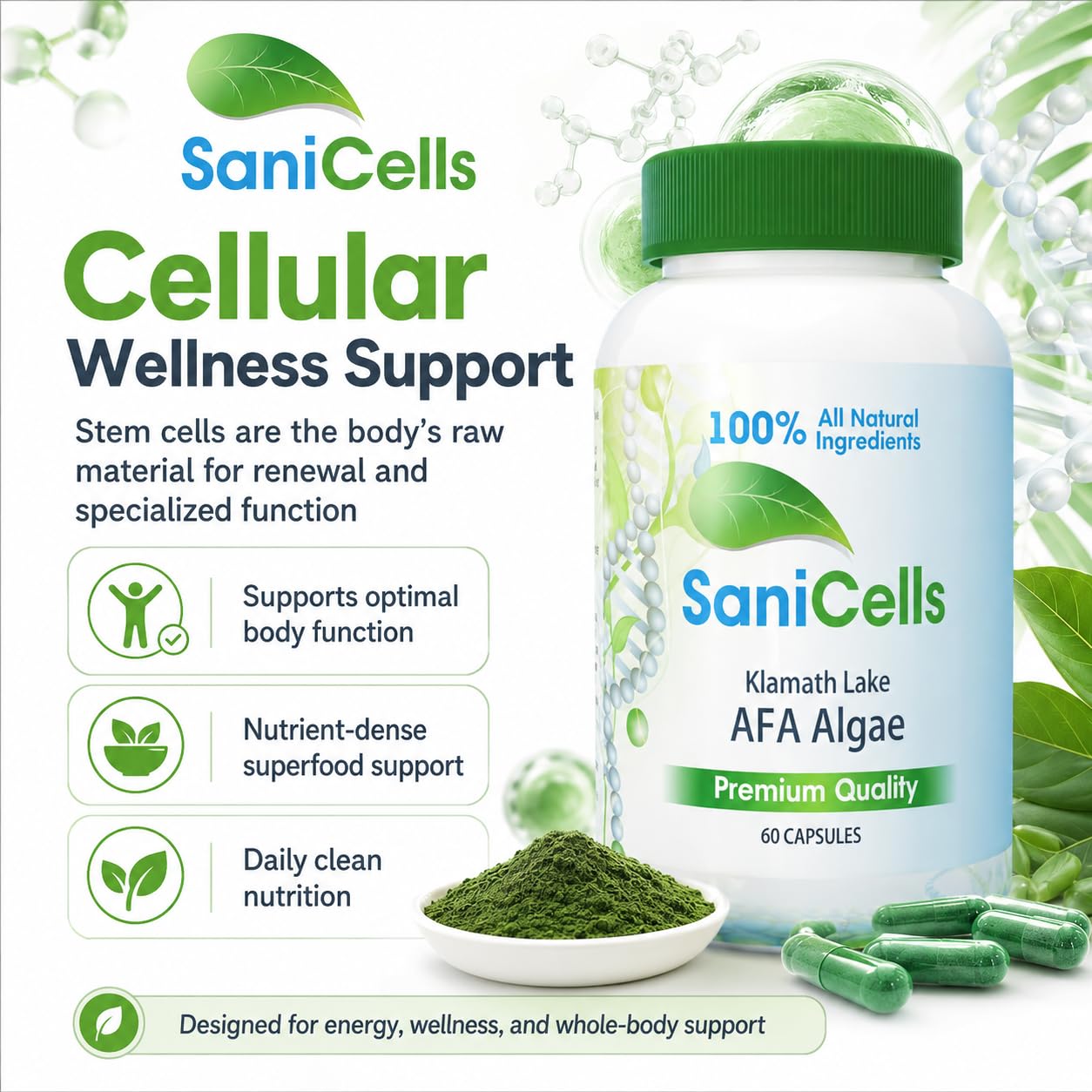 TROYA Sani Cells AFA Blue-Green Algae Capsules 60 Count