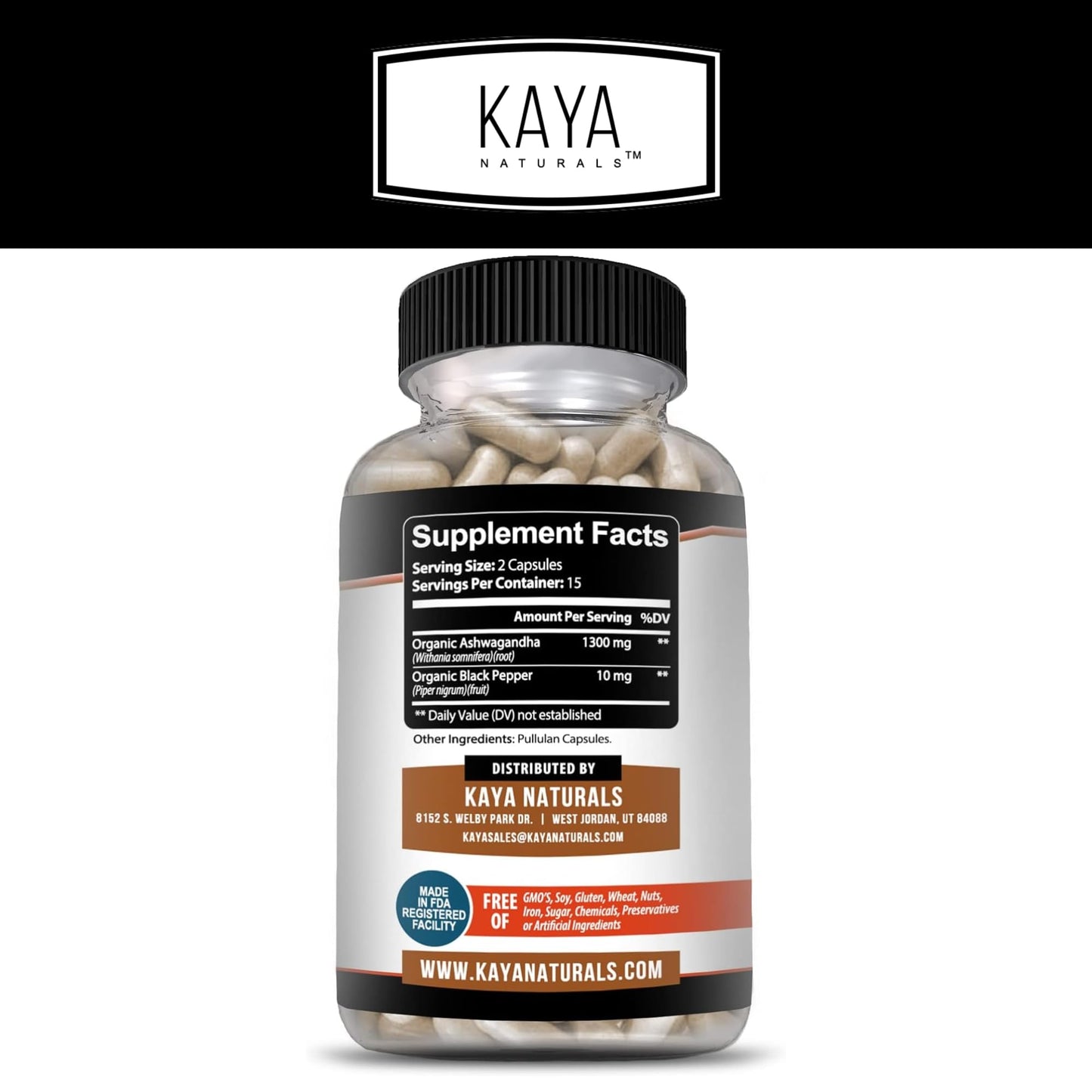 Kaya Naturals Ashwagandha Root with Black Pepper Capsules, 30 Count