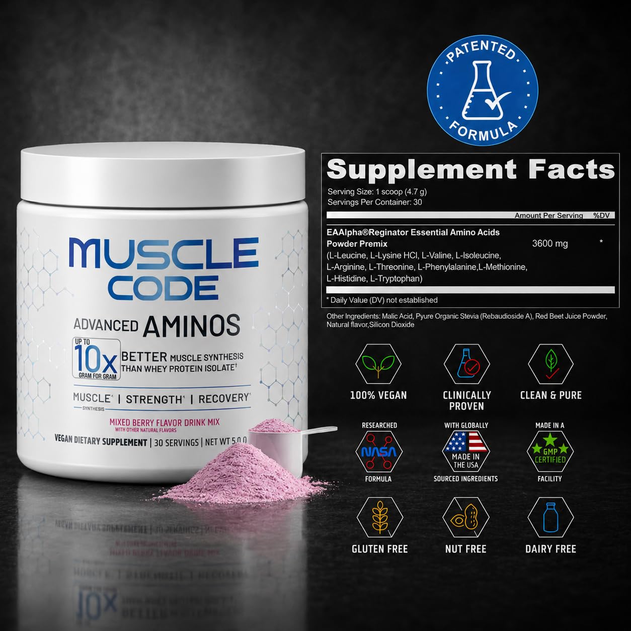 NAUTILUS Muscle Code Essential Amino Acid Powder, Natural Mixed Berry Flavor, 30 Servings, 0.98 Ounce