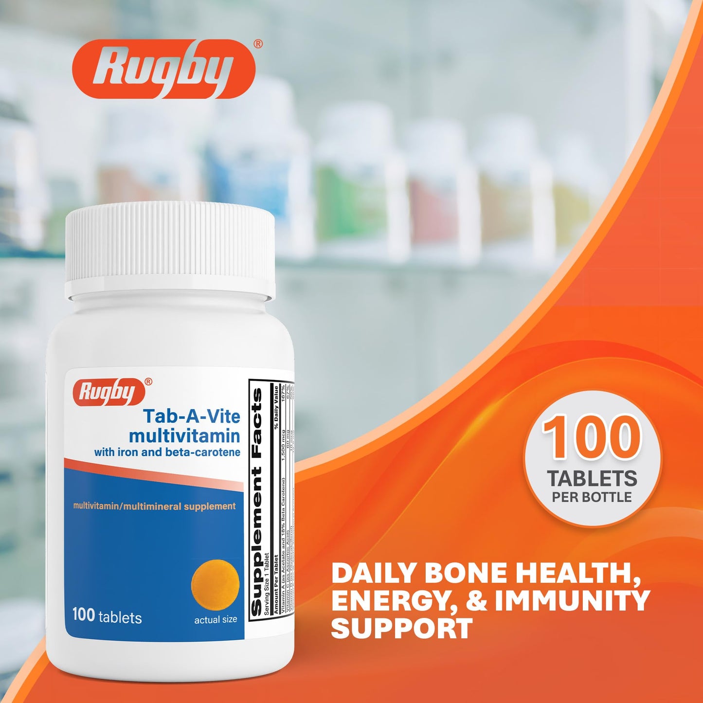 Rugby Laboratories Tab-A-Vite Multivitamin with Iron and Beta-Carotene, 100 Tablets