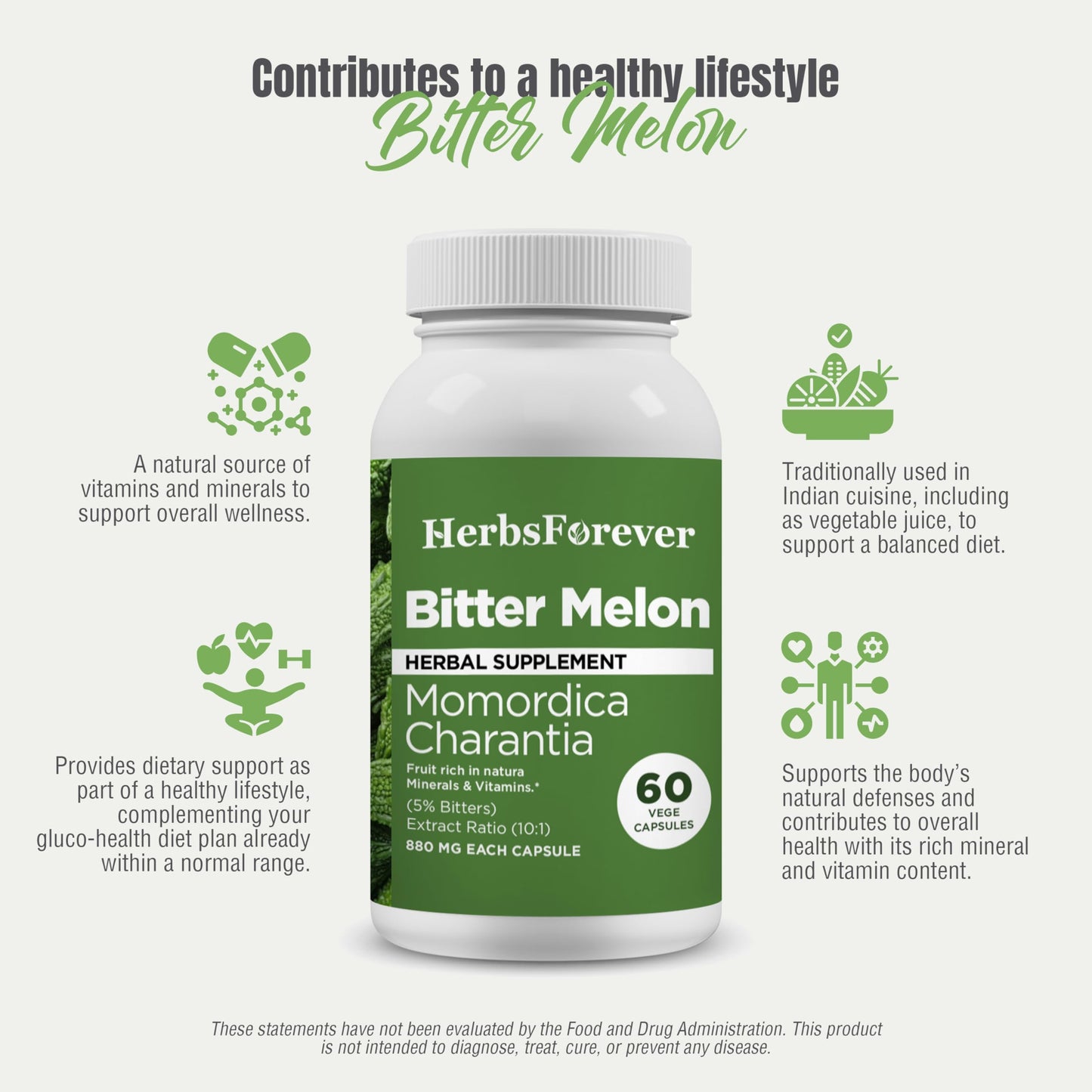 HerbsForever Bitter Melon Extract 10:1 Extra Strength, 4250 mg Fruit Powder Equiv per Serving, 60 Veg Capsules