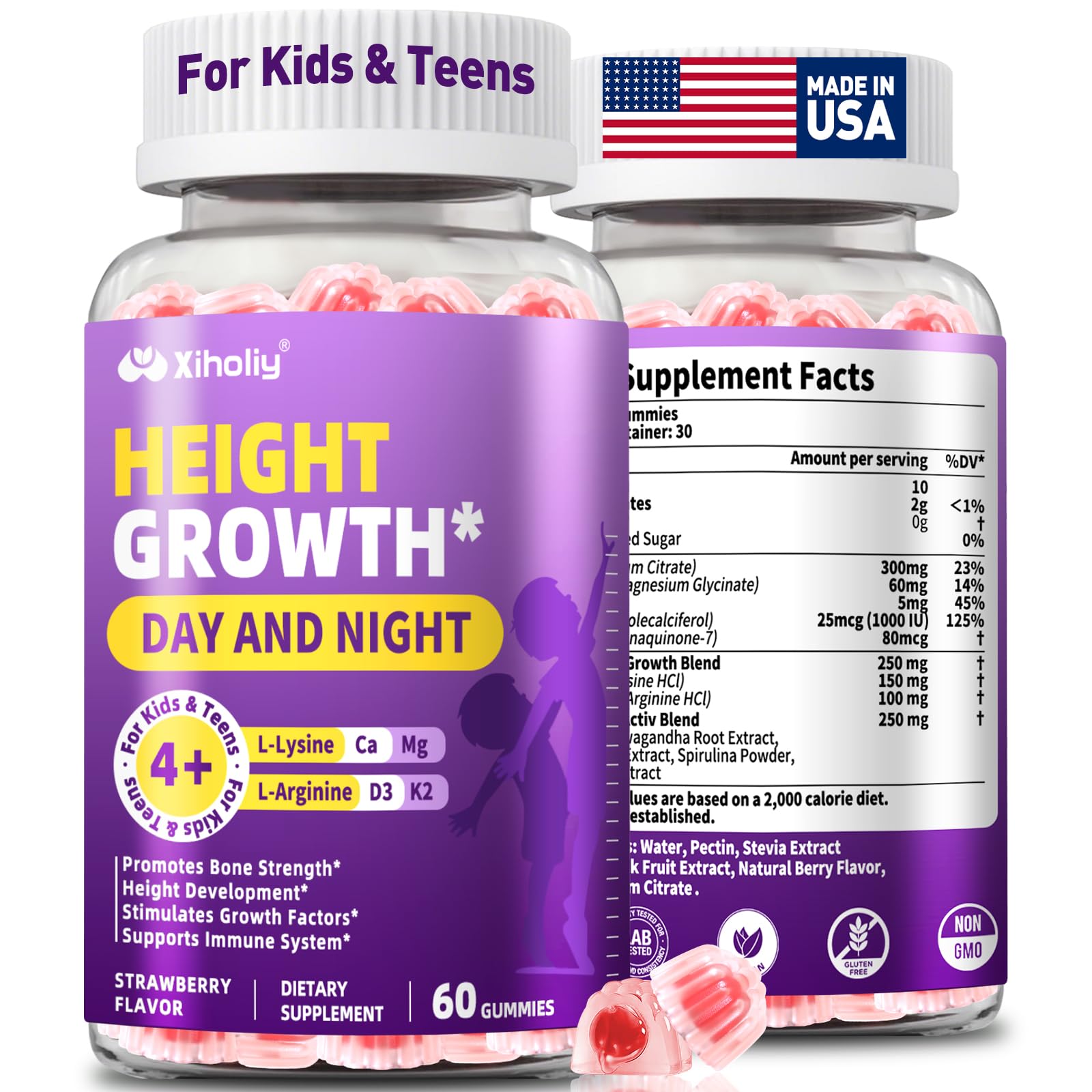 XIHOLIY Height Growth Gummies for Kids & Teens - Natural Vitamin Growth Supplement Gummy 60 Count