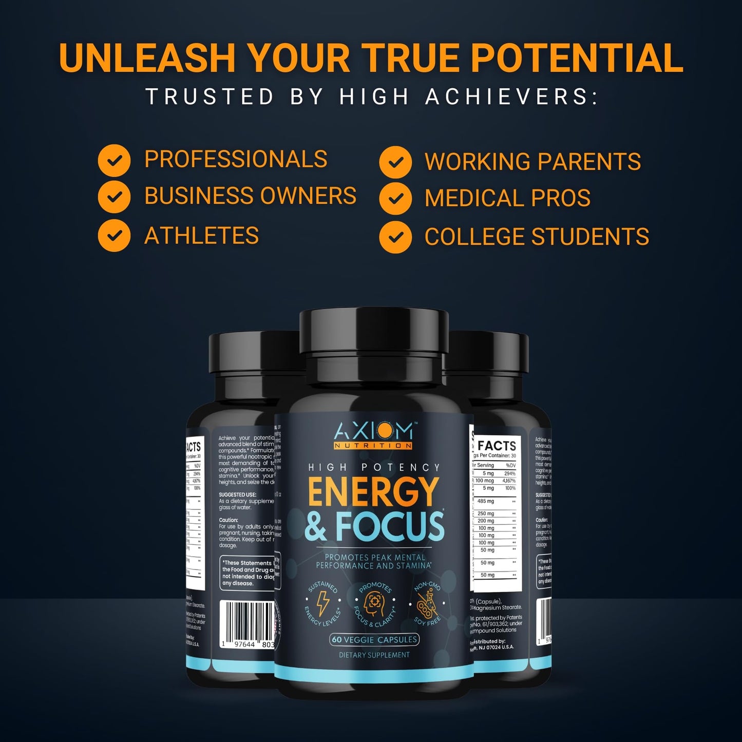 Axiom Nutrition Energy and Focus - Extra Strength 200mg Caffeine and Lions Mane Mushroom Supplement, Capsules, 60 Count
