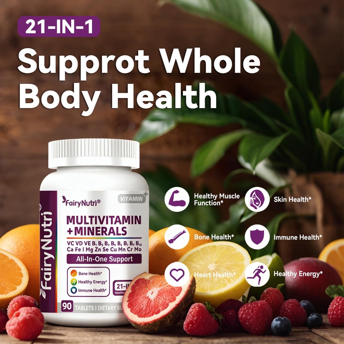Fairynutri Multivitamin + Minerals, 21-in-1 Nutritional Complex All-in-One Support, 90 Tablets
