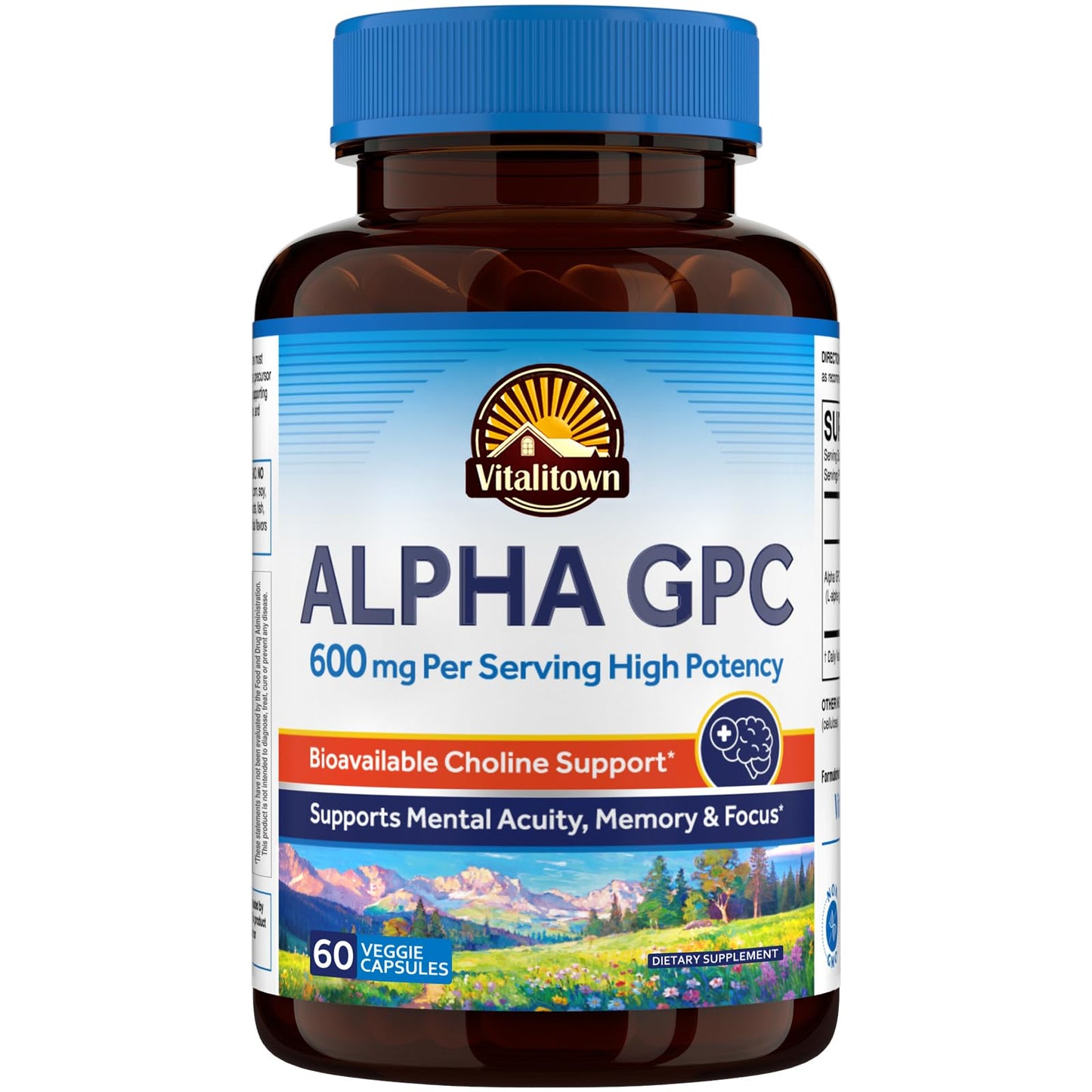 Vitalitown Alpha GPC Supplement 600 mg, Bioavailable Source of Choline, Acetylcholine Precursor, Non-GMO, Brain Health & Cognitive Support, 60 Veg Caps